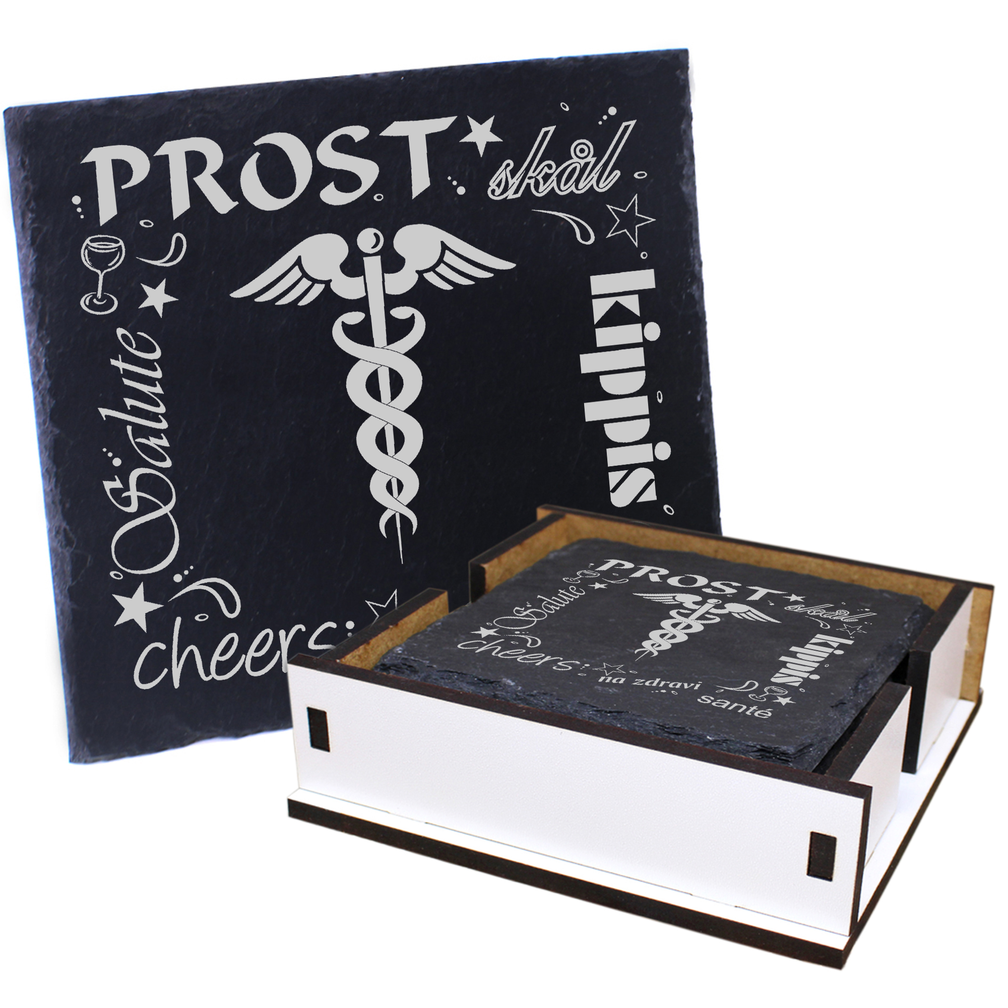 5 x Schiefer Untersetzer - Prost Hermesstab - inkl. Holzbox & Flaschenuntersetzer