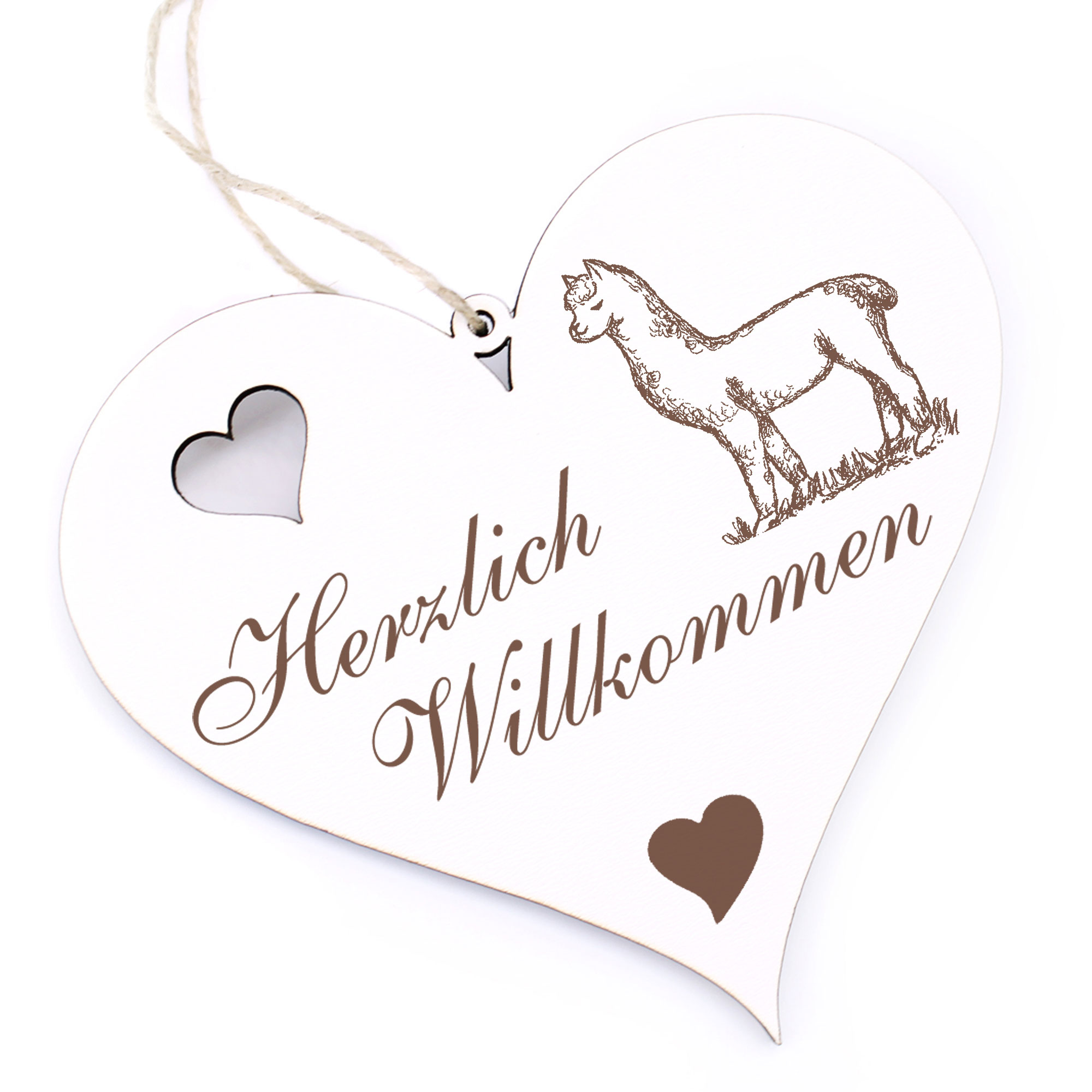 Herzlich Willkommen Schild - niedliches Lama - Deko Herz Holz
