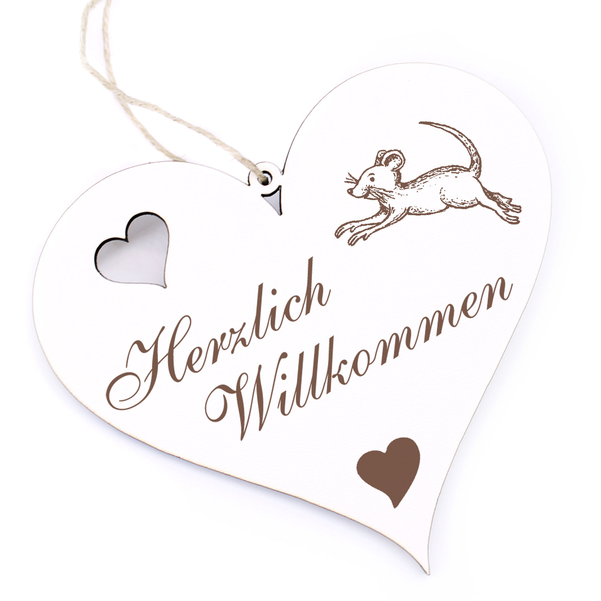 Herzlich Willkommen Schild - springende Maus - Deko Herz Holz