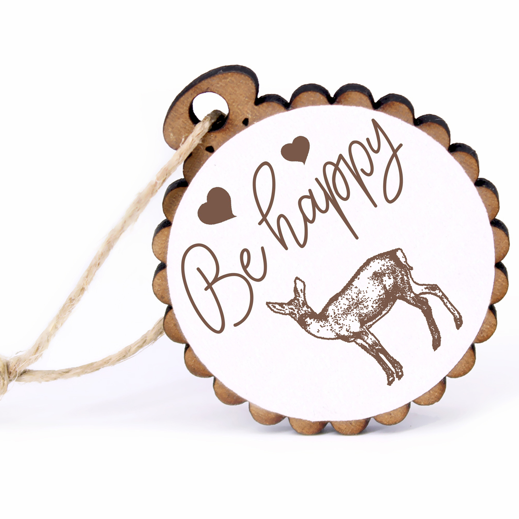 Geschenkanhänger - Be Happy Reh -  Holz Ø-5cm - mit Juteband
