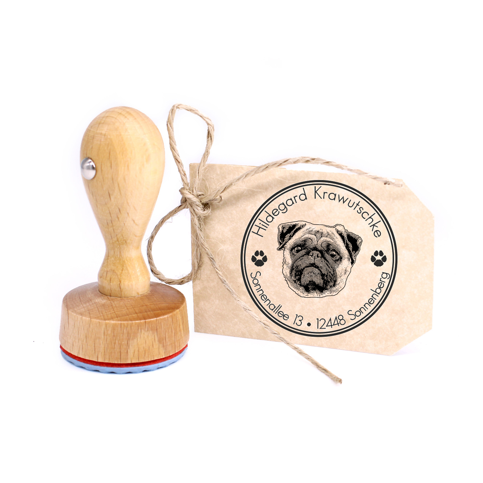 Stempel personalisiert Mops  Hund Hunde rund 40mm Adressstempel Holzstempel