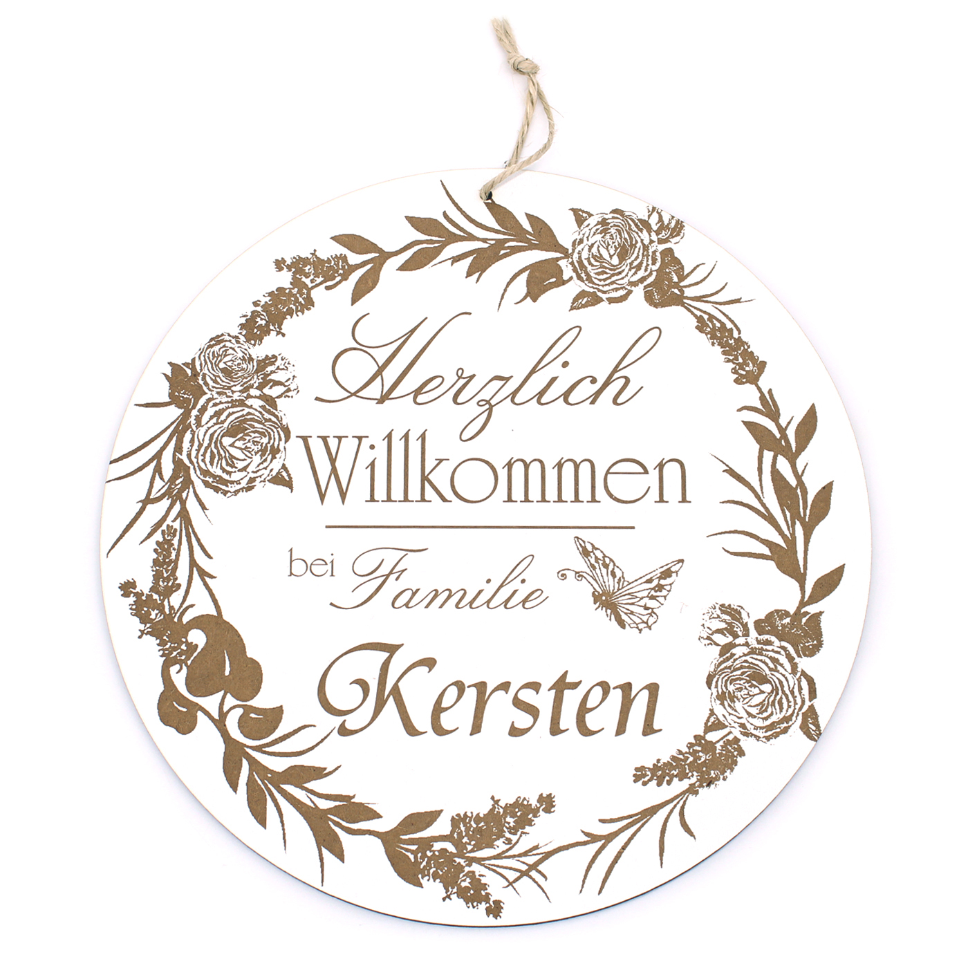 Willkommensschild Rund Holz Türschild - Herzlich Willkommen bei Familie WUNSCHNAME - Ø 20cm