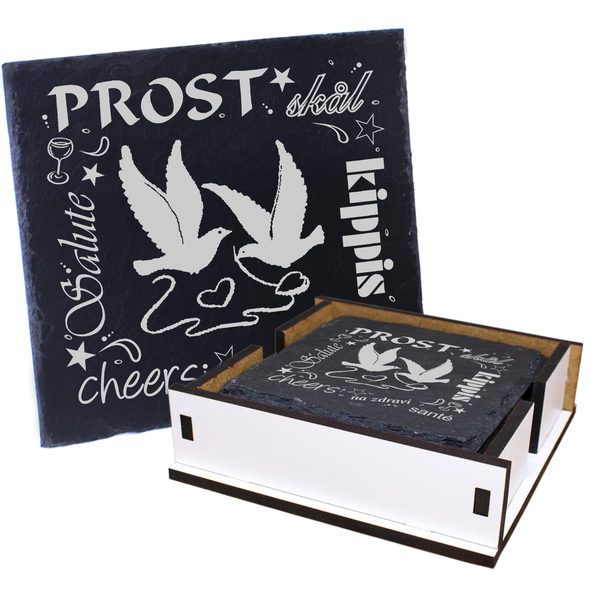 5 x Schiefer Untersetzer - Prost Hochzeitstauben - inkl. Holzbox & Flaschenuntersetzer