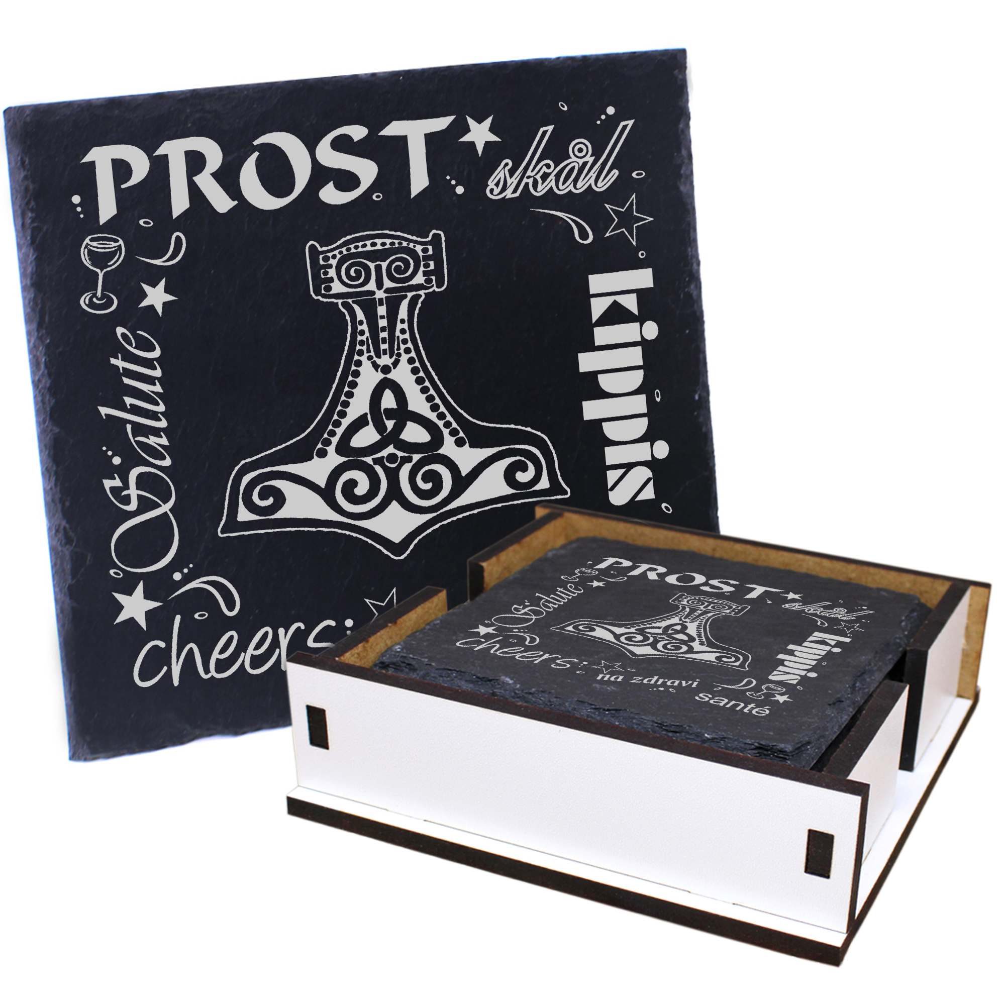 5 x Schiefer Untersetzer - Prost Thorshammer - inkl. Holzbox & Flaschenuntersetzer