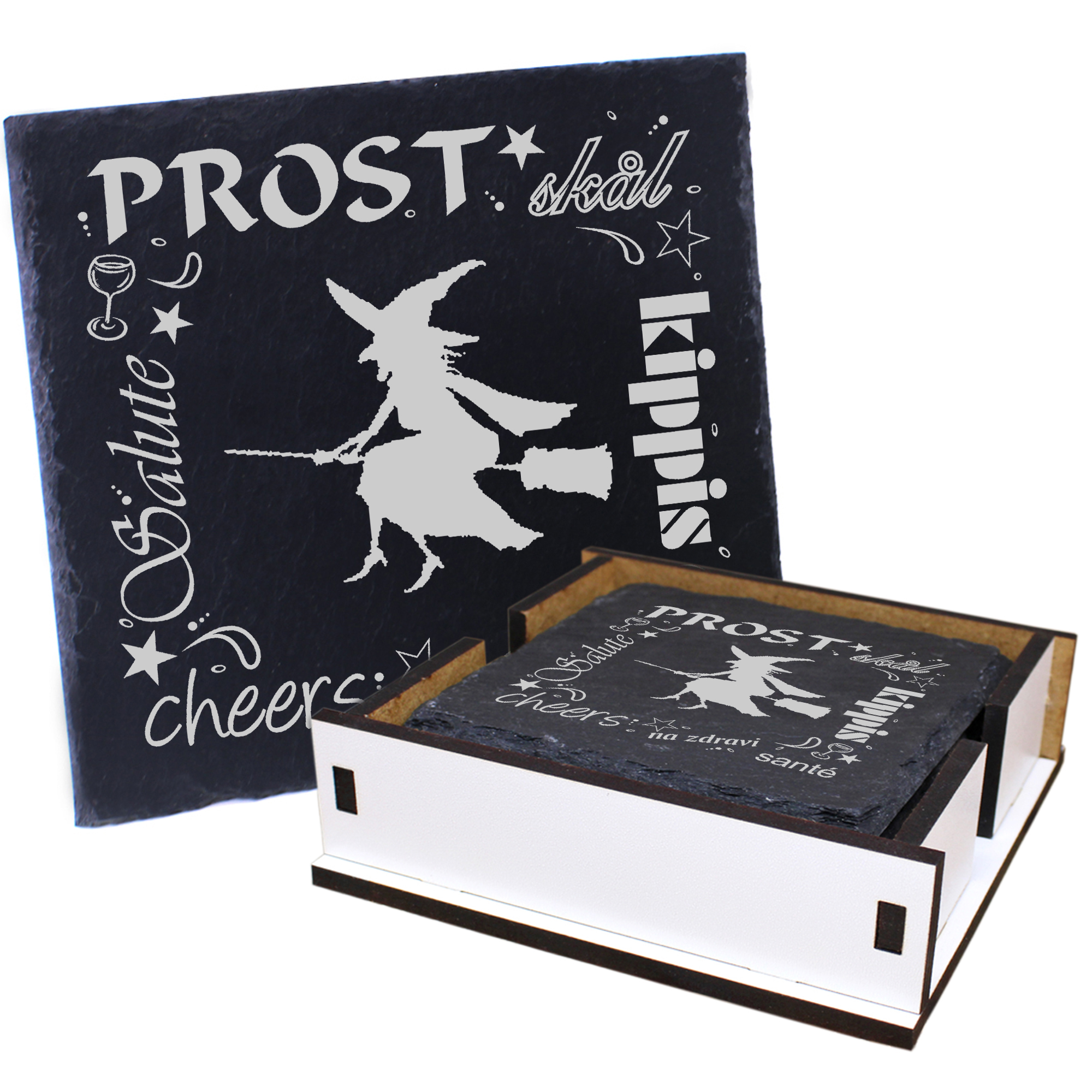 5 x Schiefer Untersetzer - Prost Hexe auf Besen - inkl. Holzbox & Flaschenuntersetzer