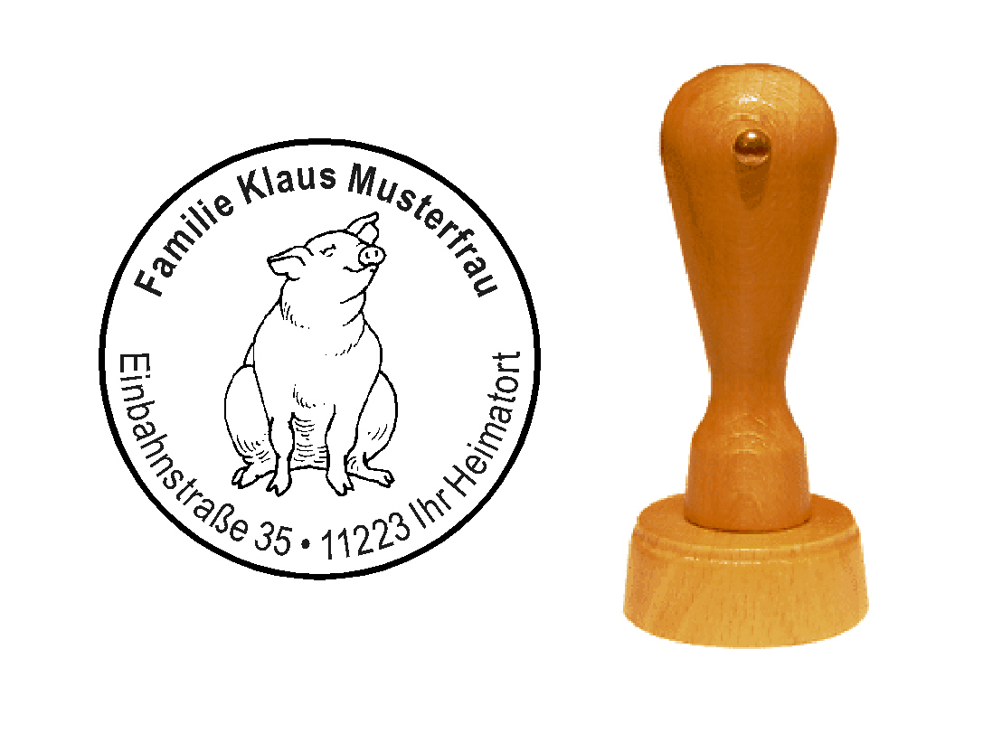« Schwein 3 » Holzstempel mit persönlichem Wunschtext