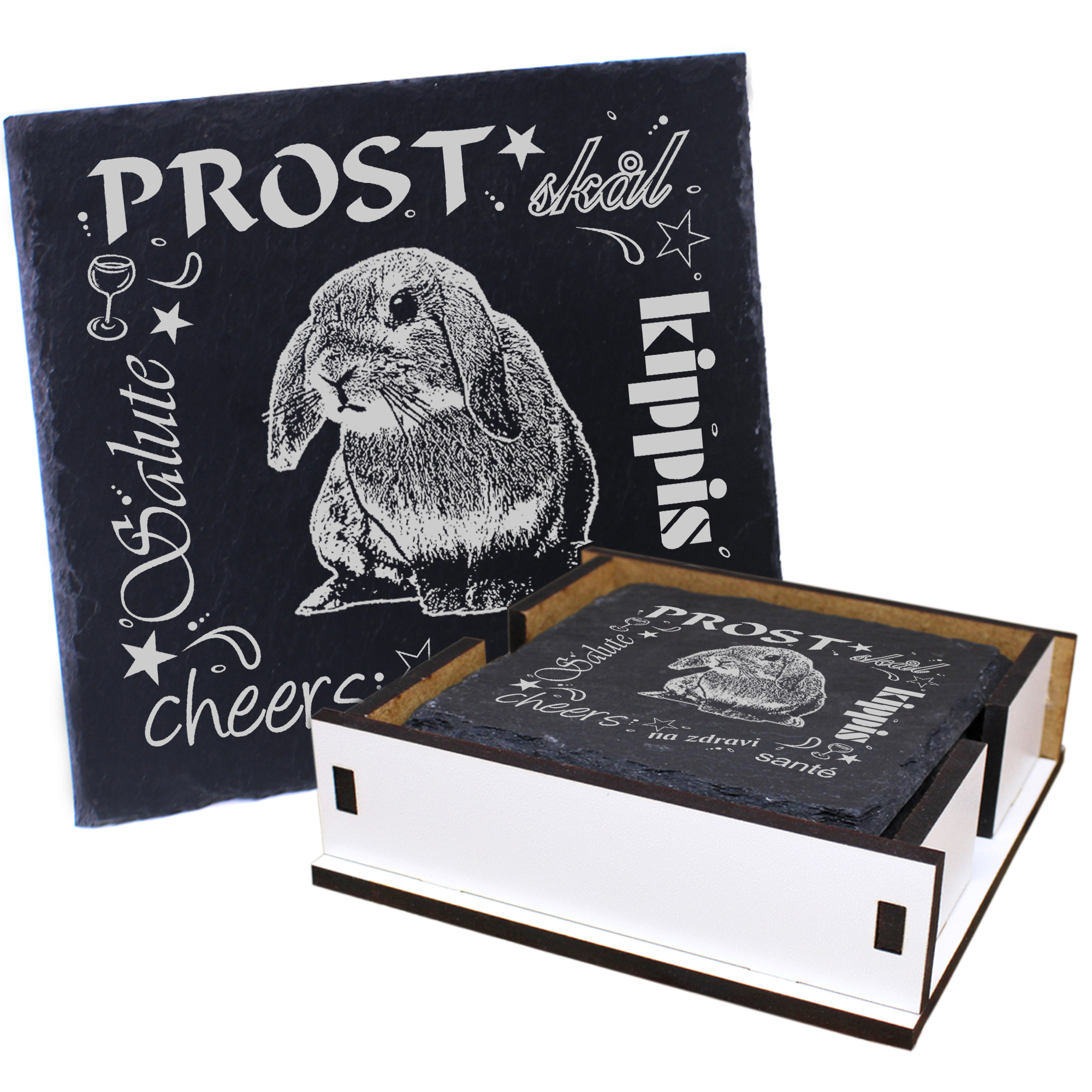 5 x Schiefer Untersetzer - Prost Zwergkaninchen - inkl. Holzbox & Flaschenuntersetzer