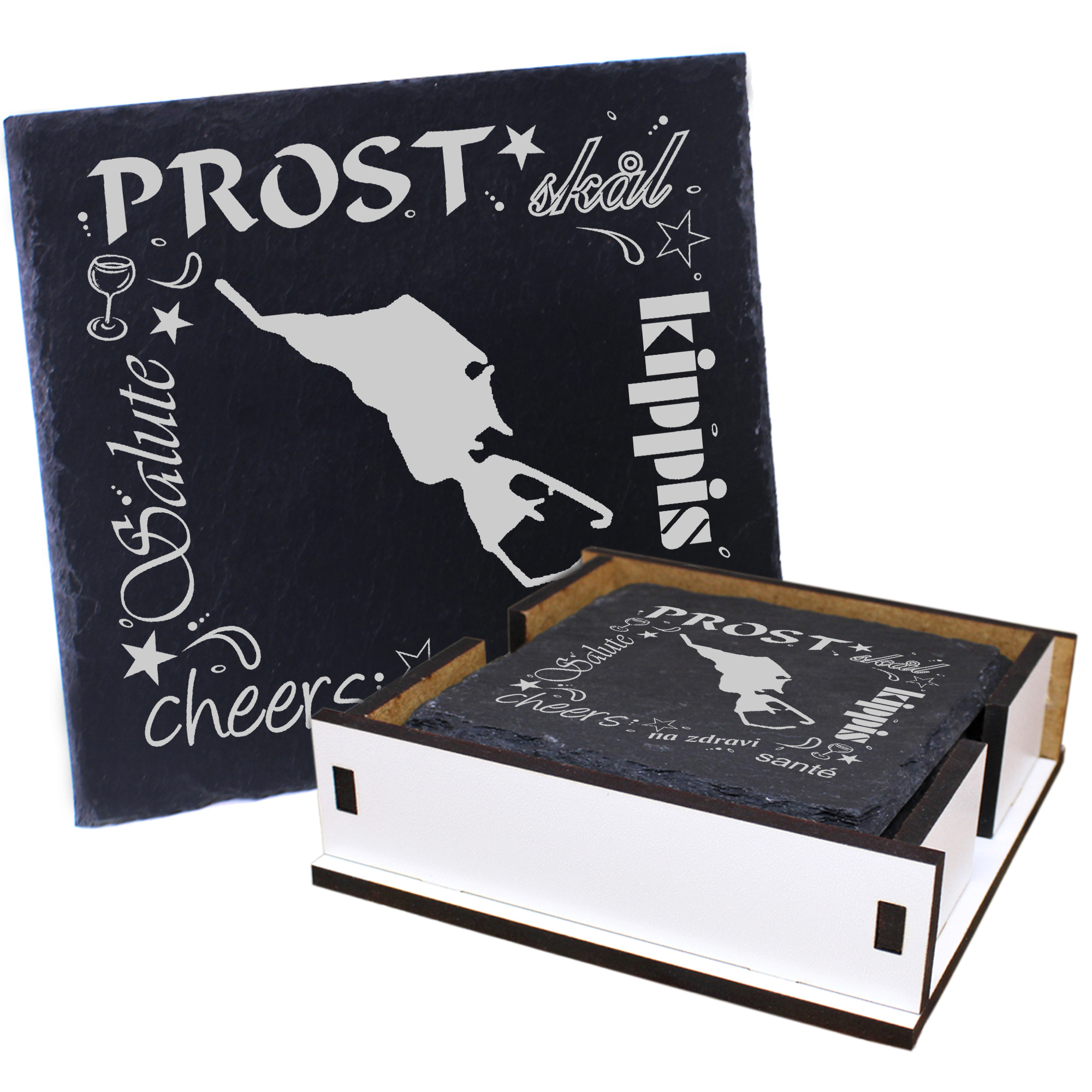 5 x Schiefer Untersetzer - Prost Insel Helgoland - inkl. Holzbox & Flaschenuntersetzer