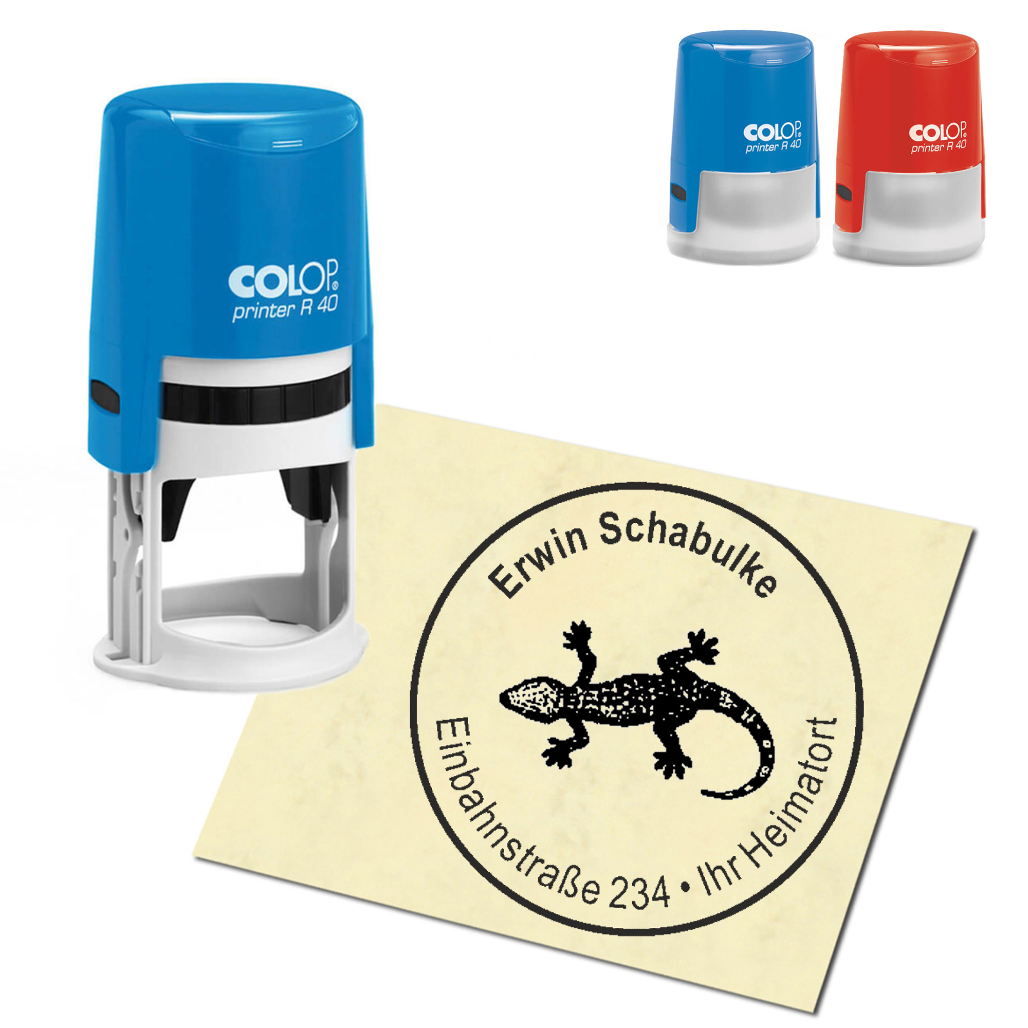 Stempel Adressstempel personalisiert - Gecko - rund &empty; 40mm