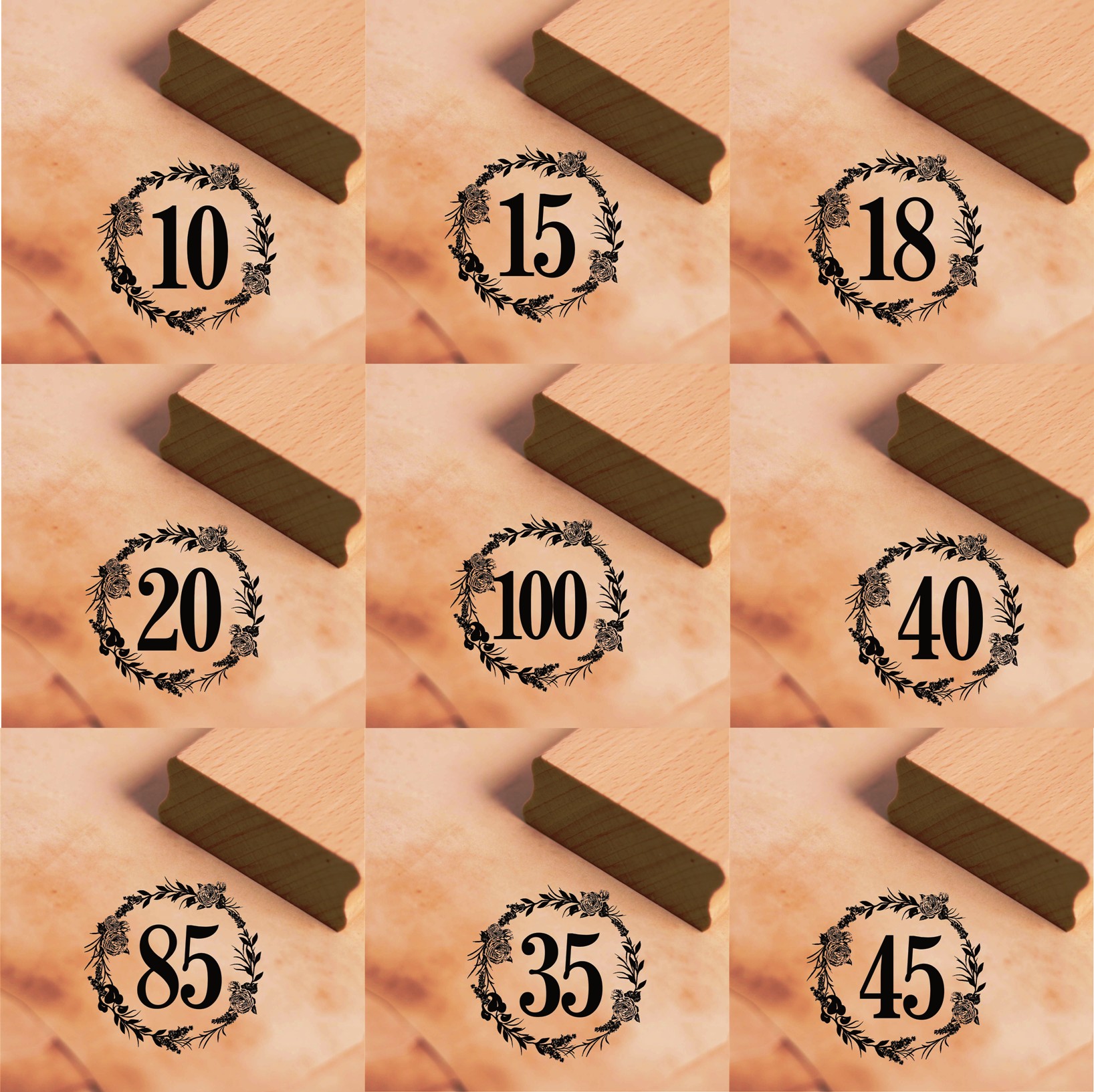 Motivstempel Jubiläum Jahreszahl Hochzeit WUNSCHZAHL Geburtstag Vintage Kranz Rosen Stempel 48x48mm