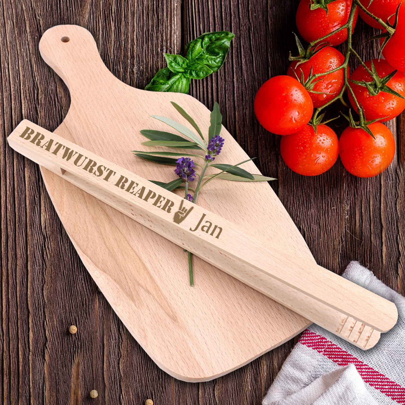 Grillzange personalisiert mit Name und Gravur Bratwurst Reaper Pommesgabel Motiv