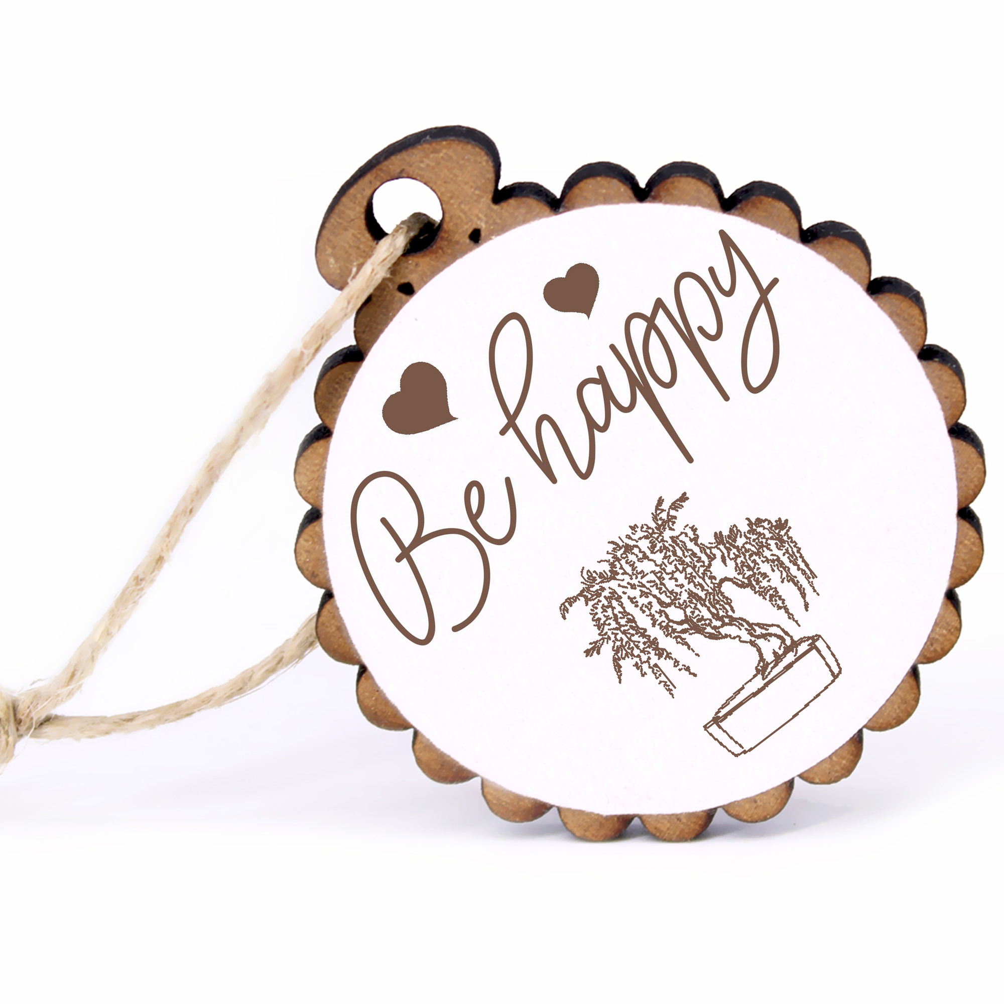 Geschenkanhänger - Be Happy Bonsai -  Holz Ø-5cm - mit Juteband