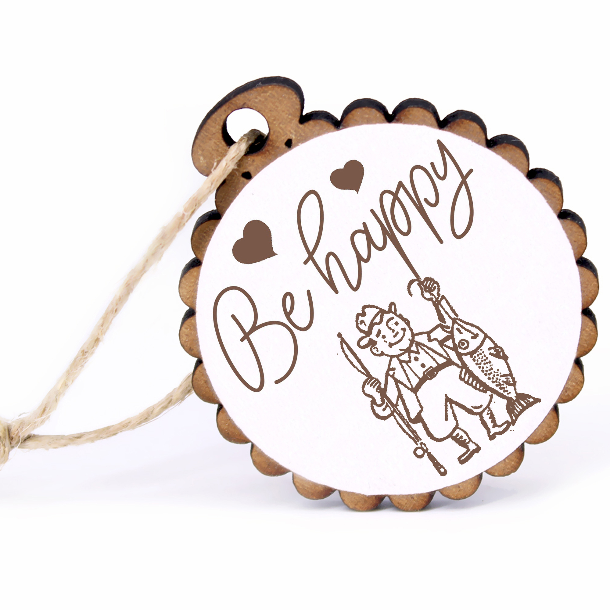 Geschenkanhänger - Be Happy Angler -  Holz Ø-5cm - mit Juteband