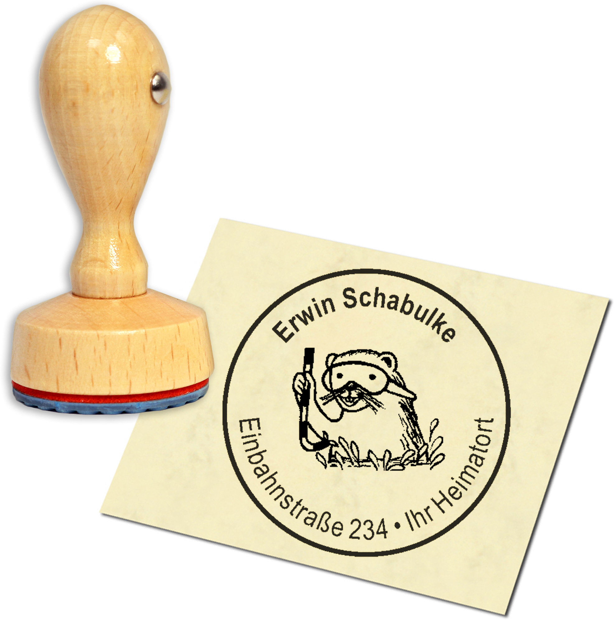 Stempel Adressstempel Holzstempel - Maulwurf mit Taucherbrille - rund 40mm