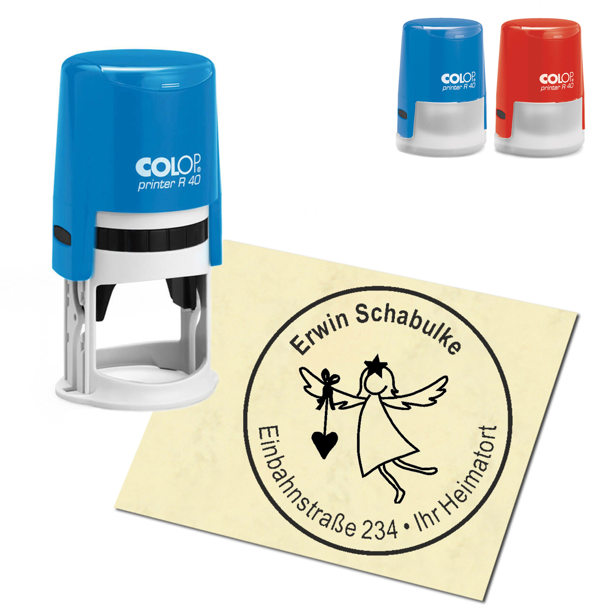 Stempel Adressstempel personalisiert - Engel Schutzengel mit Herz - rund &empty; 40mm