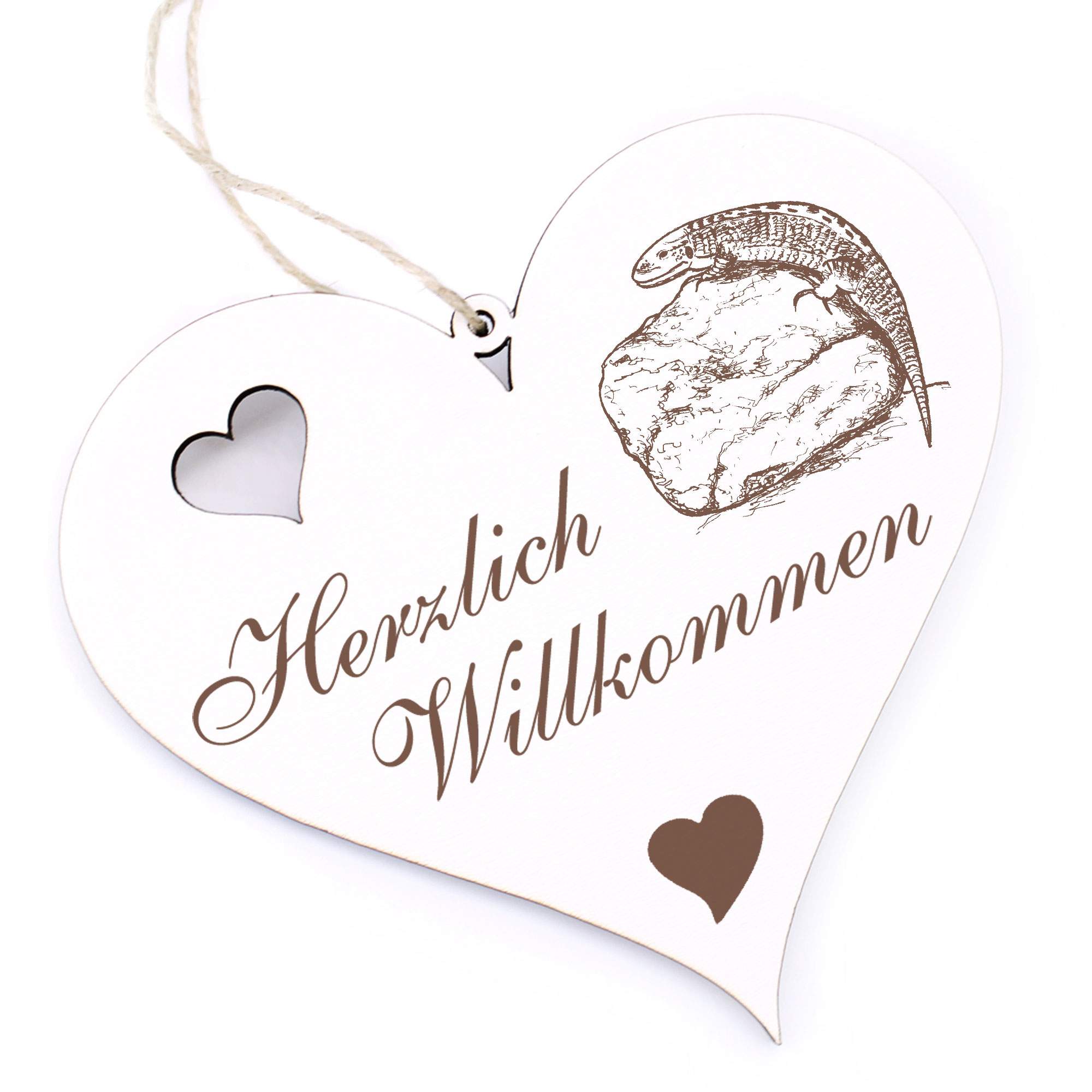 Herzlich Willkommen Schild - Zauneidechse auf Stein - Deko Herz Holz
