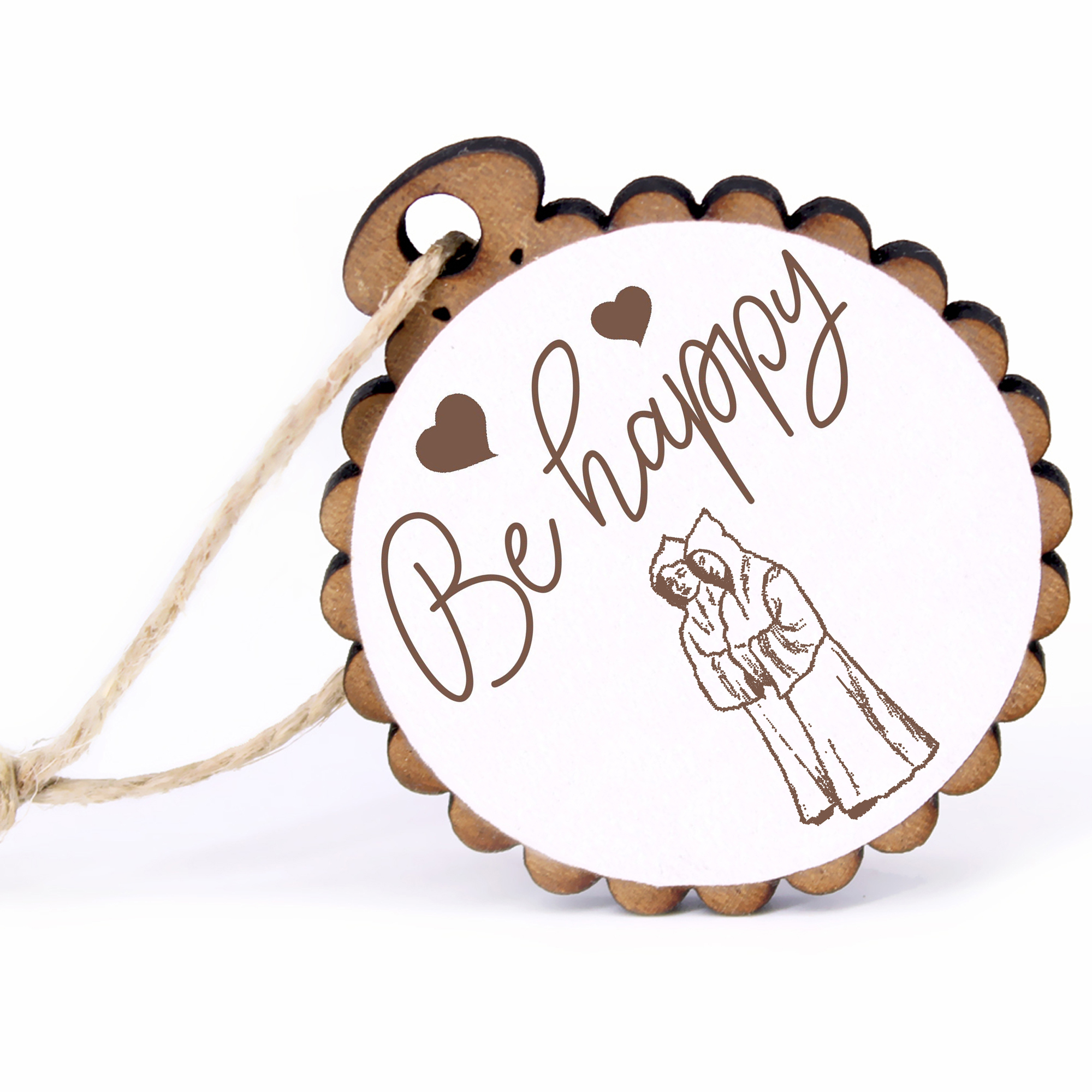 Geschenkanhänger - Be Happy Mönch -  Holz Ø-5cm - mit Juteband