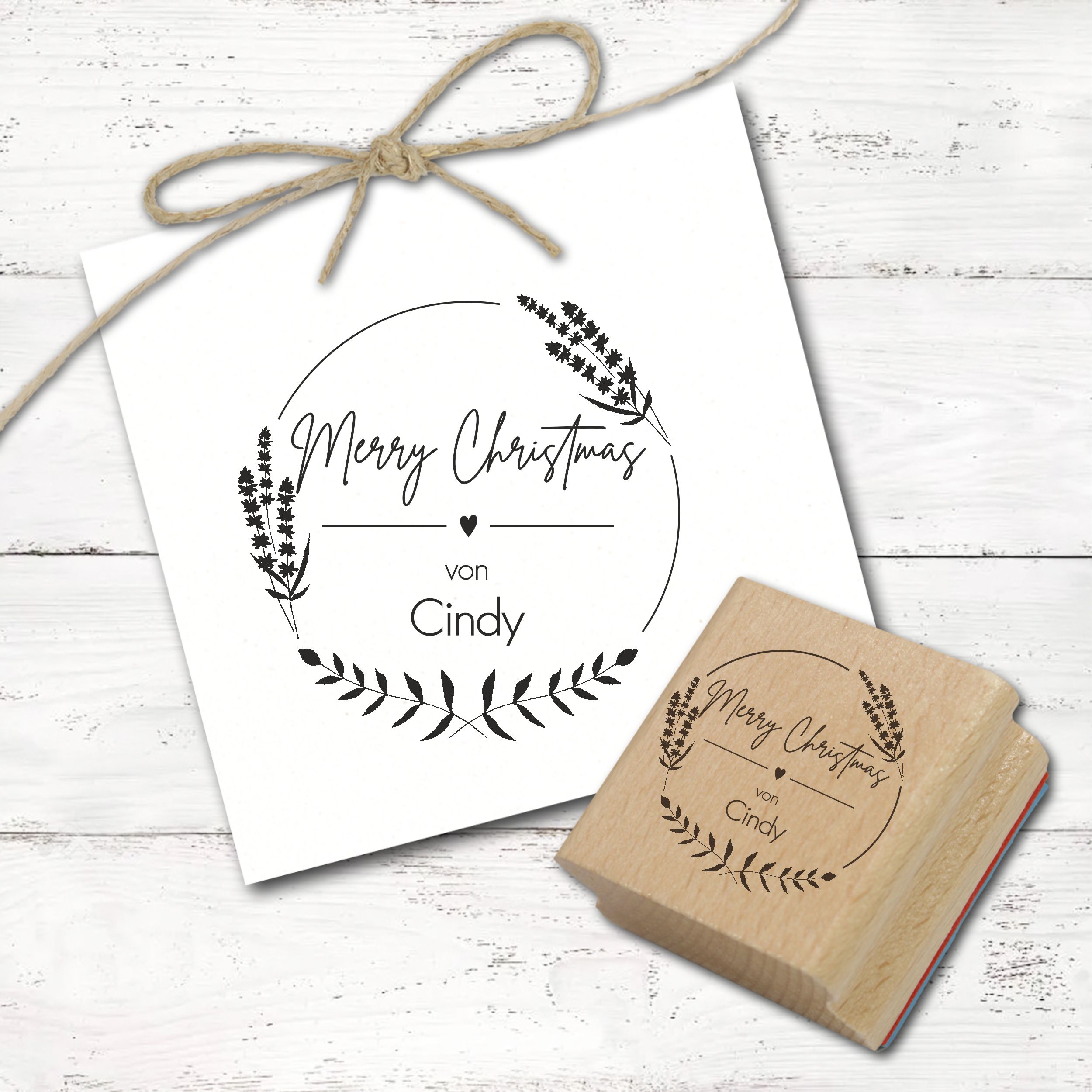 Motivstempel personalisiert Merry Christmas von - personalisierter Weihnachtsstempel mit Name Stempel Vintage Kranz Holzstempel Ø 48 mm