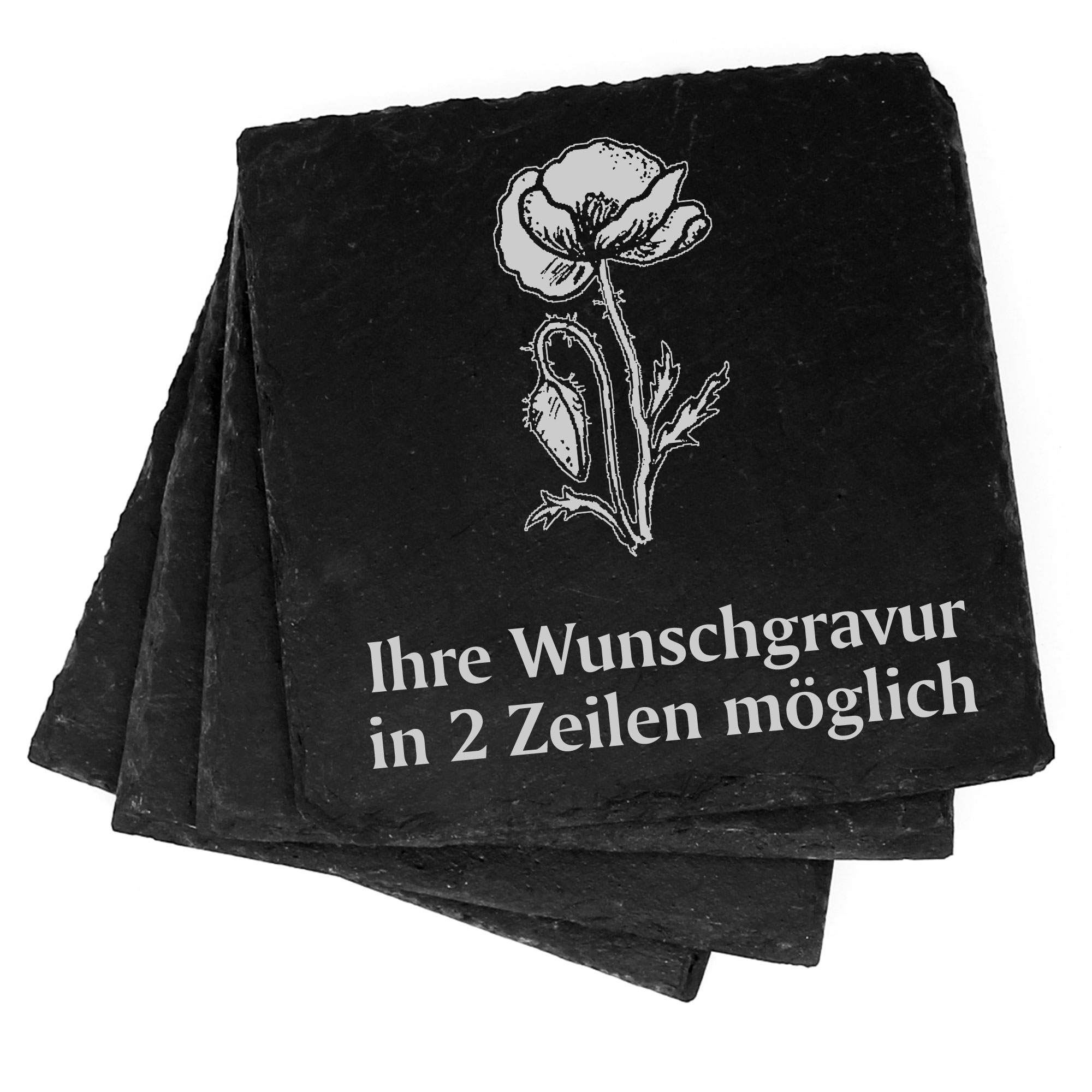4x Mohn Deko Schiefer Untersetzer Wunschgravur Set - 11 x 11 cm