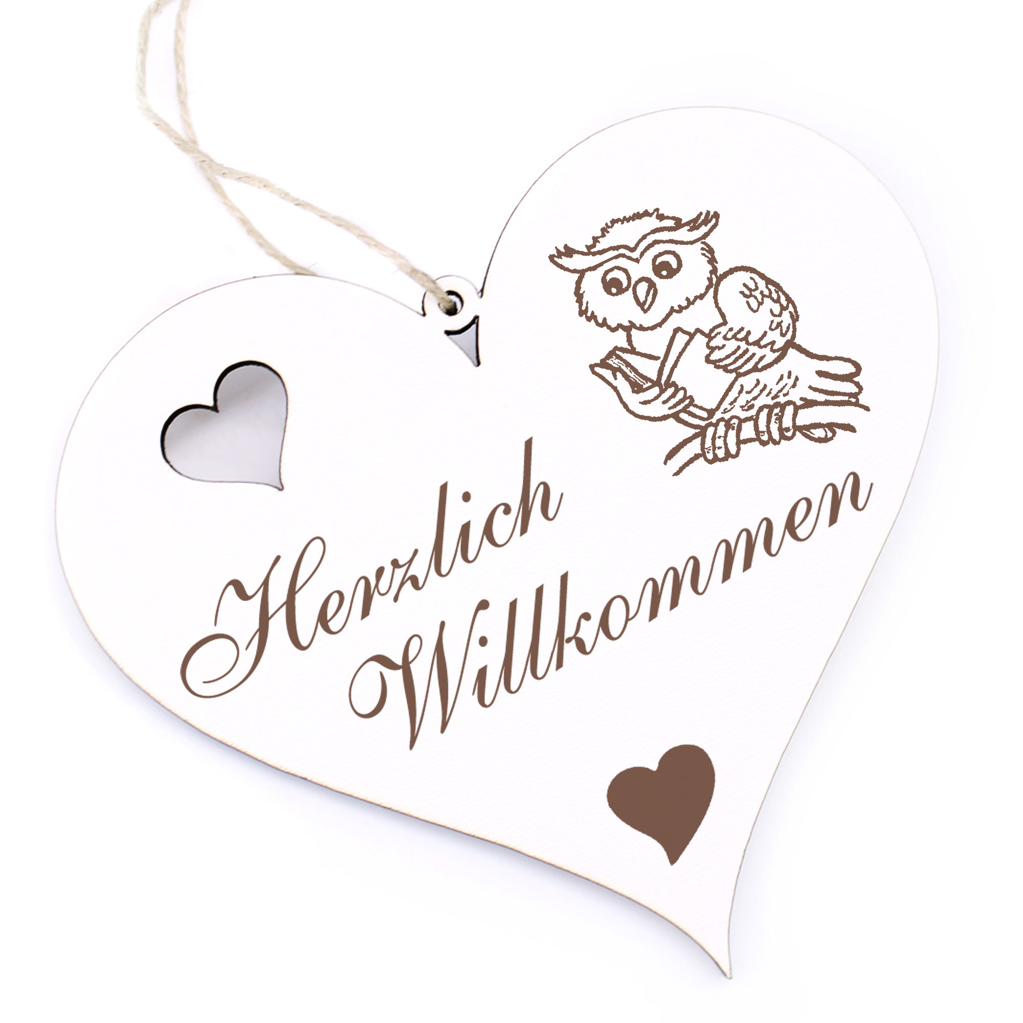 Herzlich Willkommen Schild - niedliche Eule mit Buch - Deko Herz Holz