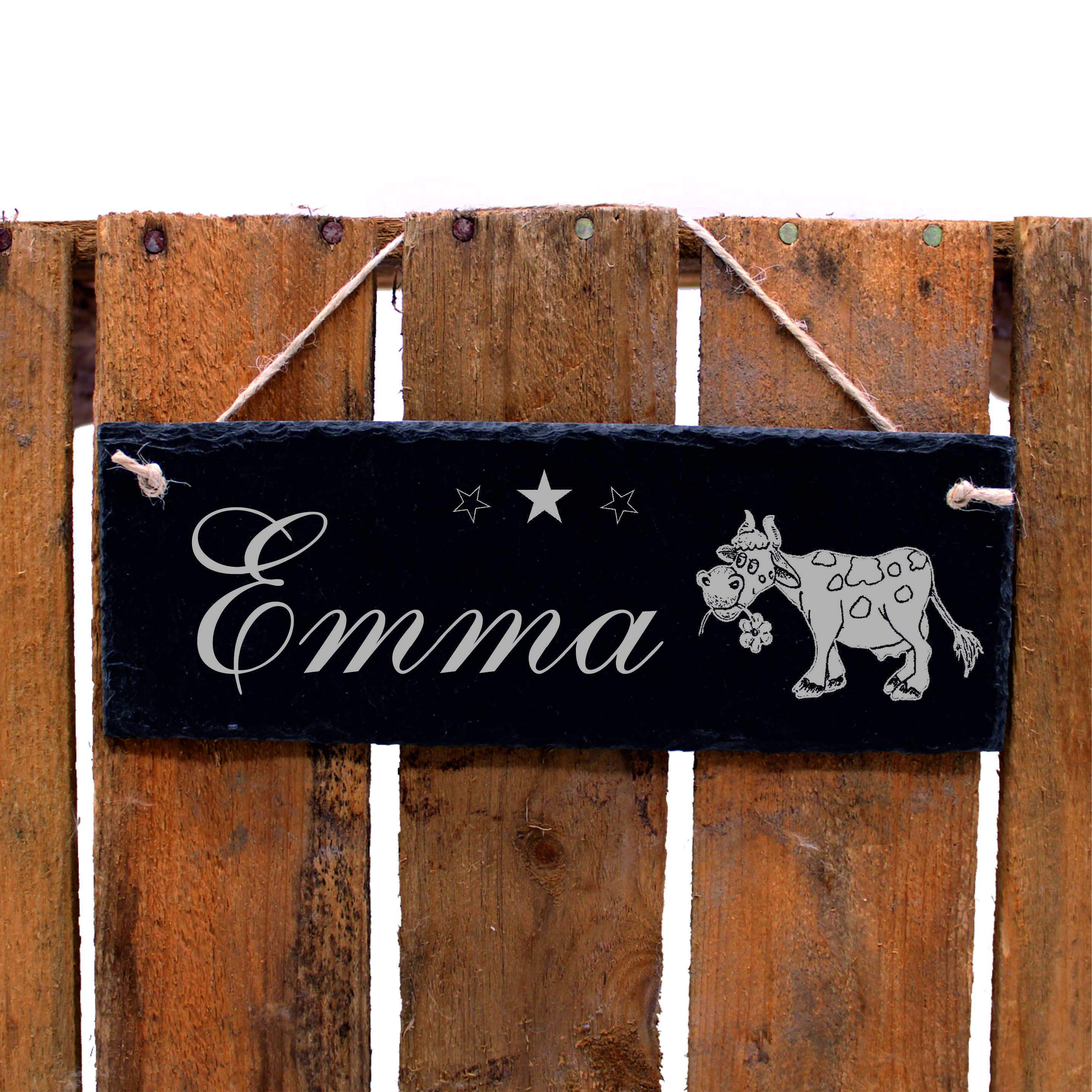 Schiefertafel Stallschild Kuh - Türschild mit Namen - zum Anhängen 22 x 8 cm