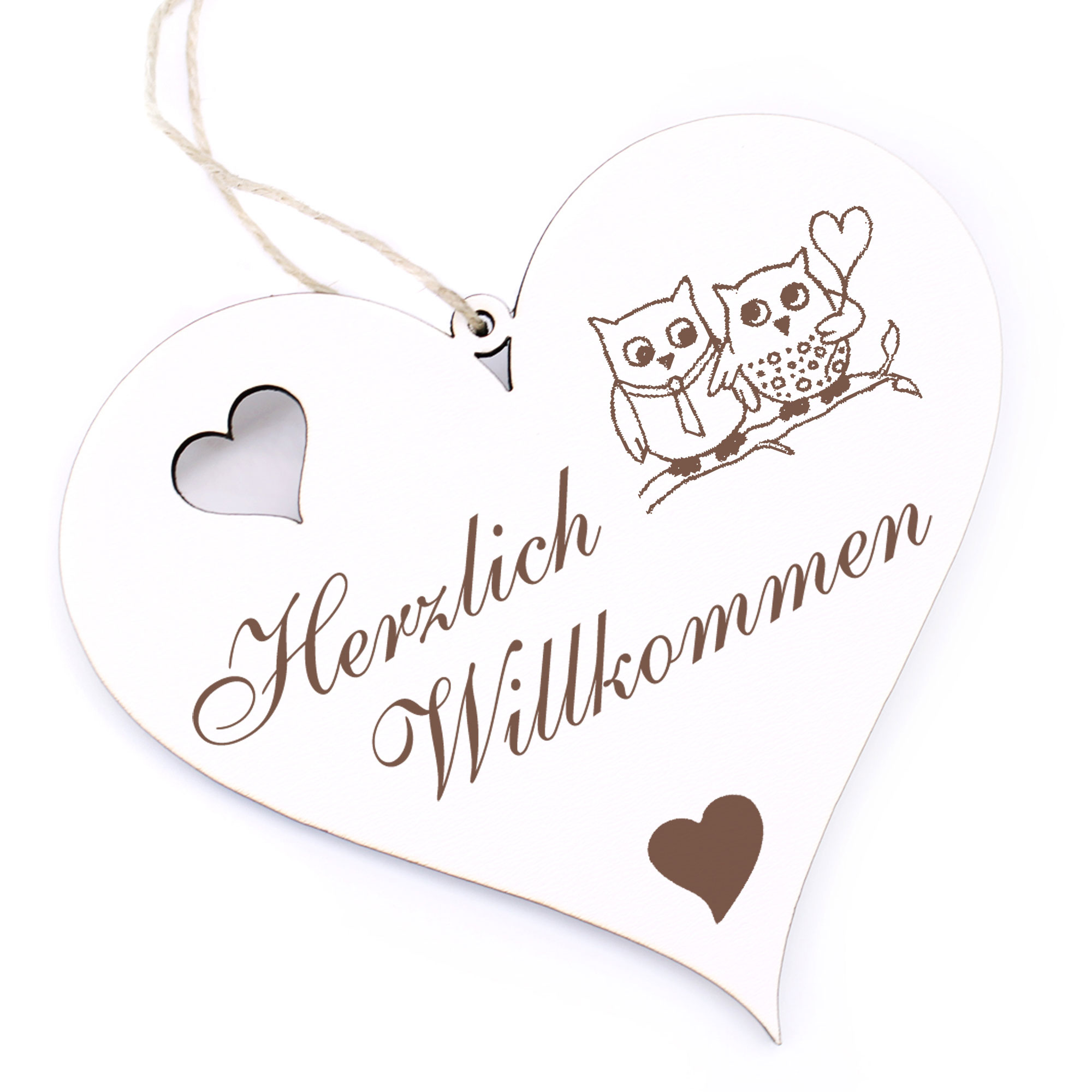 Herzlich Willkommen Schild - Eulenpaar - Deko Herz Holz