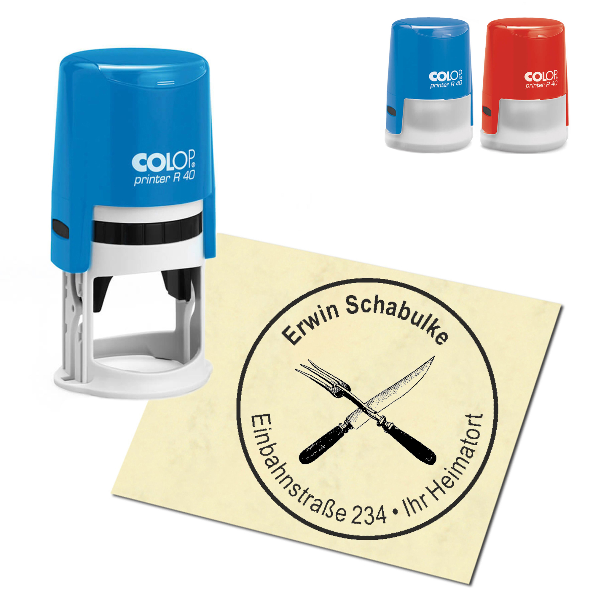 Stempel Adressstempel personalisiert - Messer & Gabel - rund &empty; 40mm