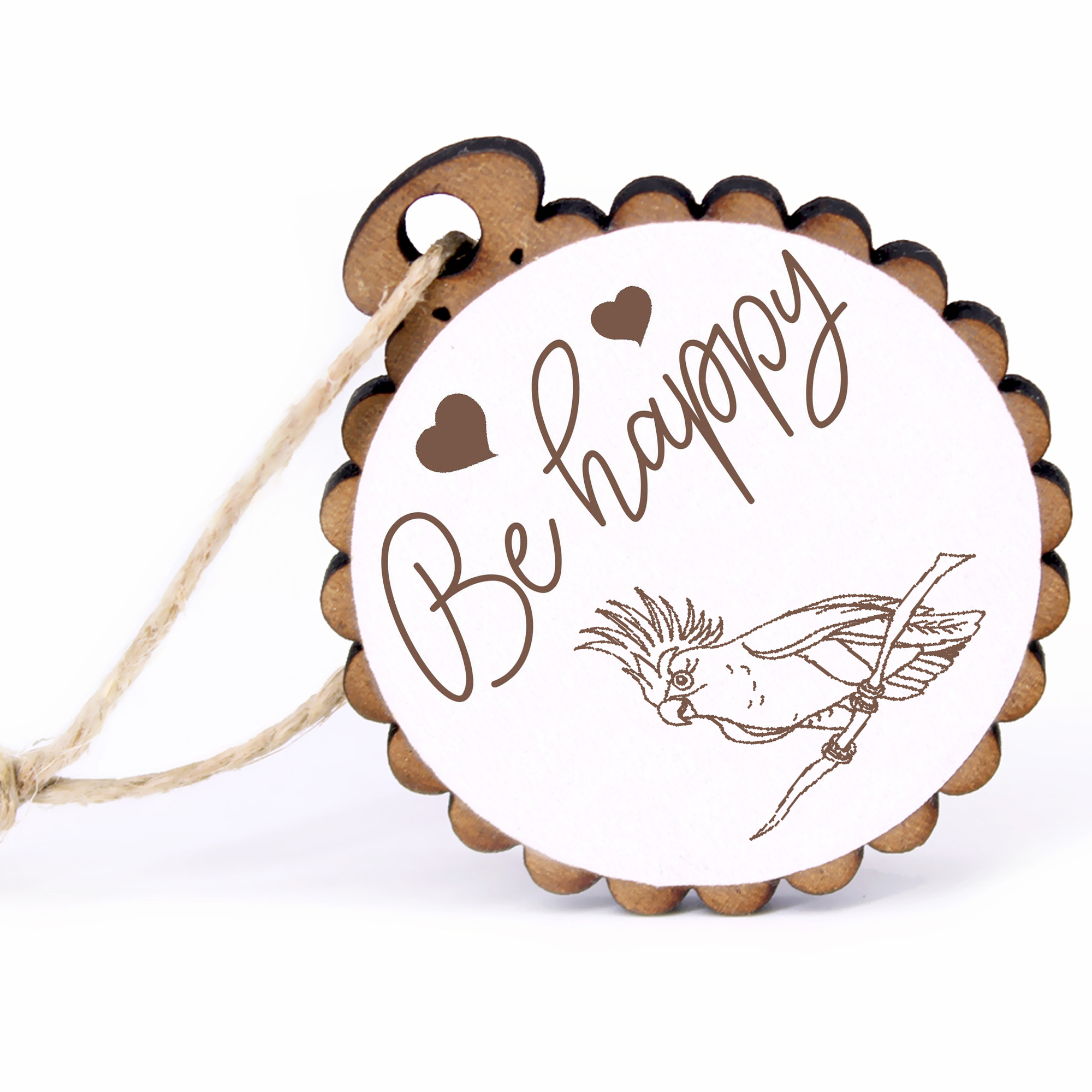 Geschenkanhänger - Be Happy Papagei -  Holz Ø-5cm - mit Juteband