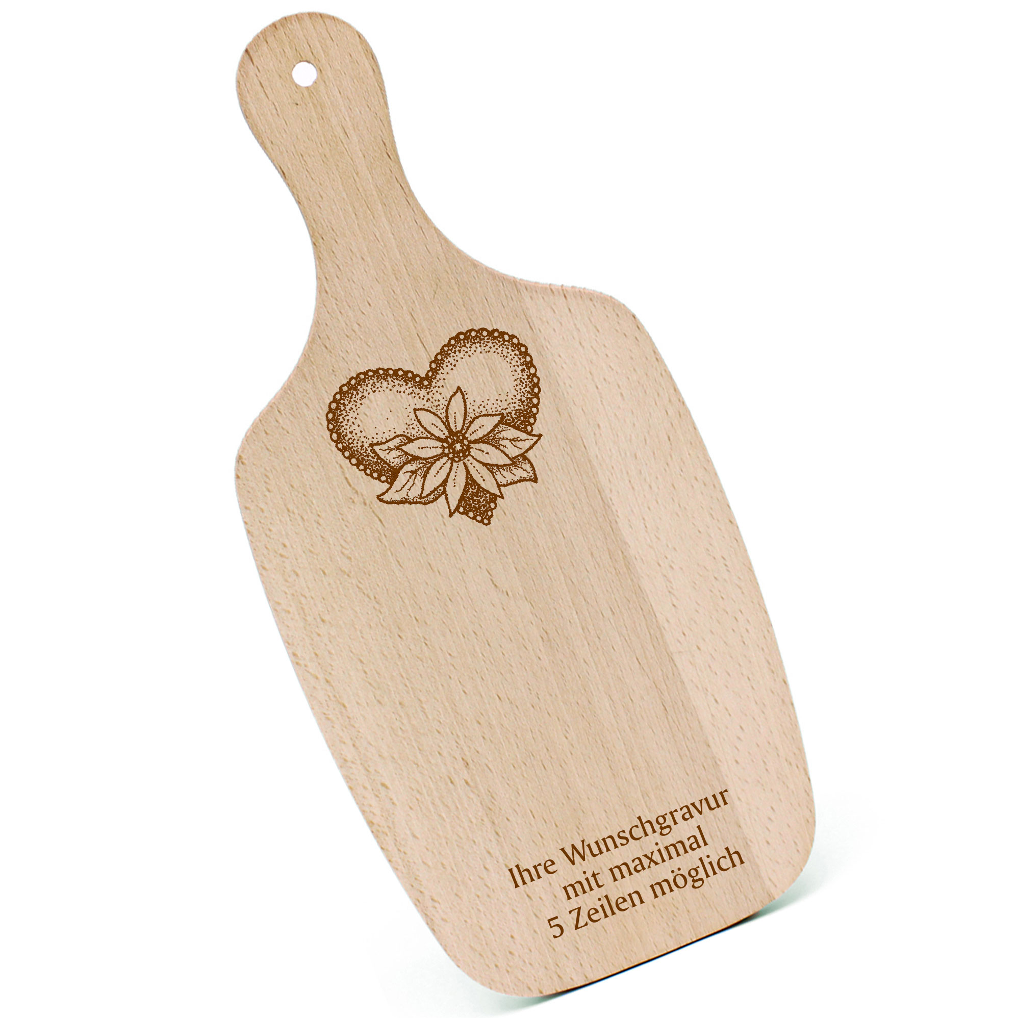 Schneidebrett Frühstücksbrettchen - Herz mit Blume - mit Griff 330x150mm