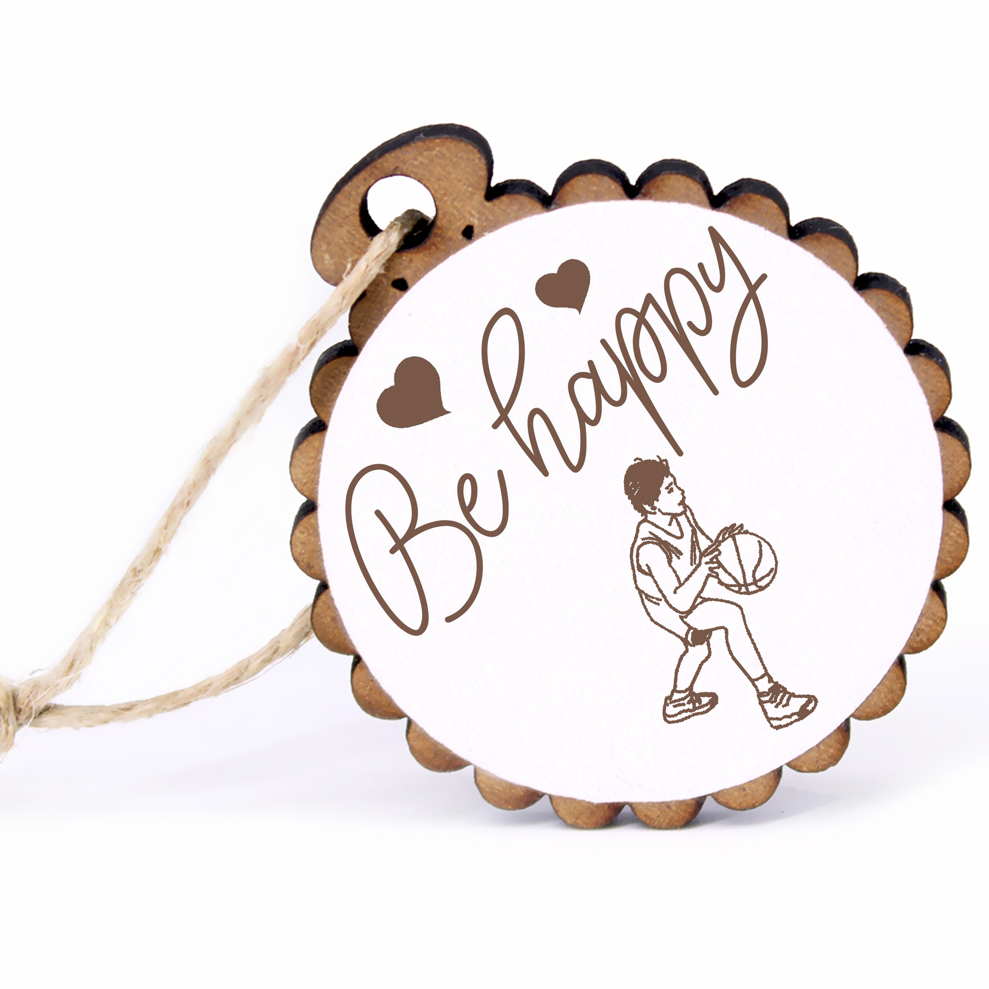 Geschenkanhänger - Be Happy Basketballspieler -  Holz Ø-5cm - mit Juteband