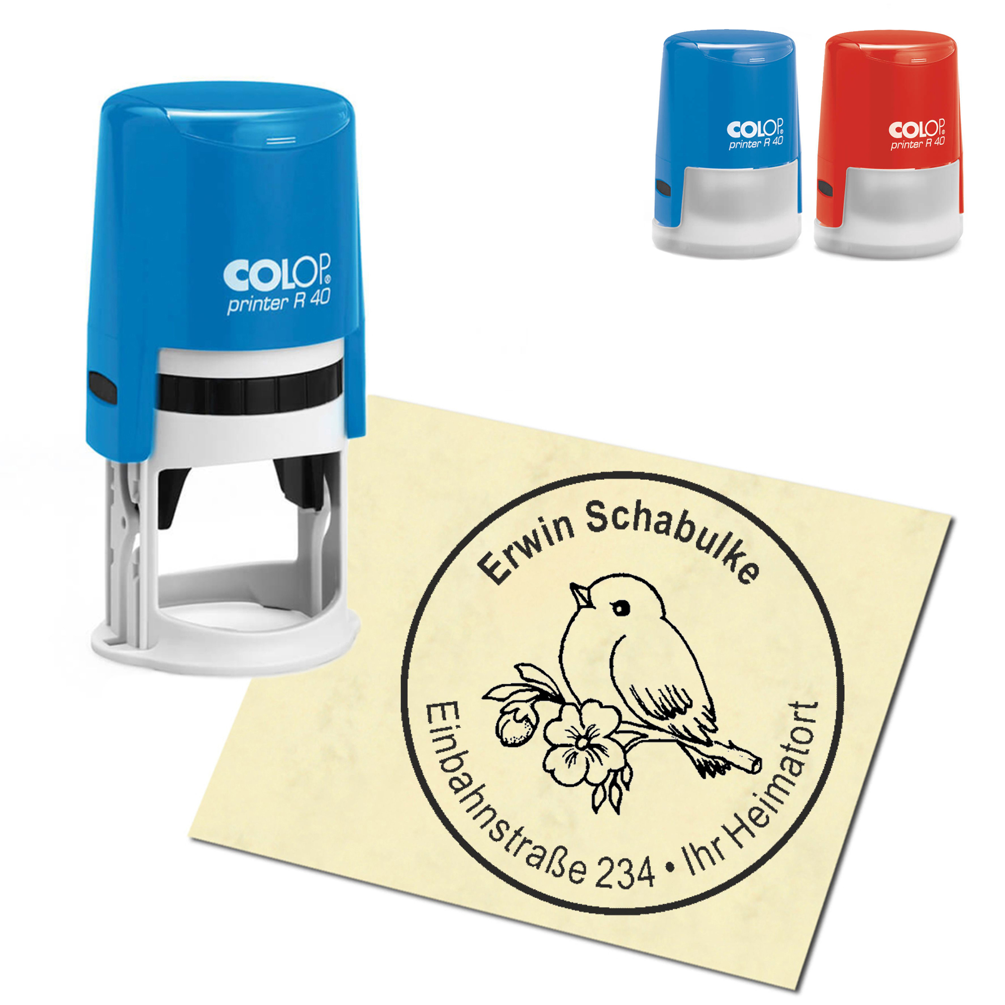 Stempel Adressstempel personalisiert - Kleiner Vogel - rund &empty; 40mm
