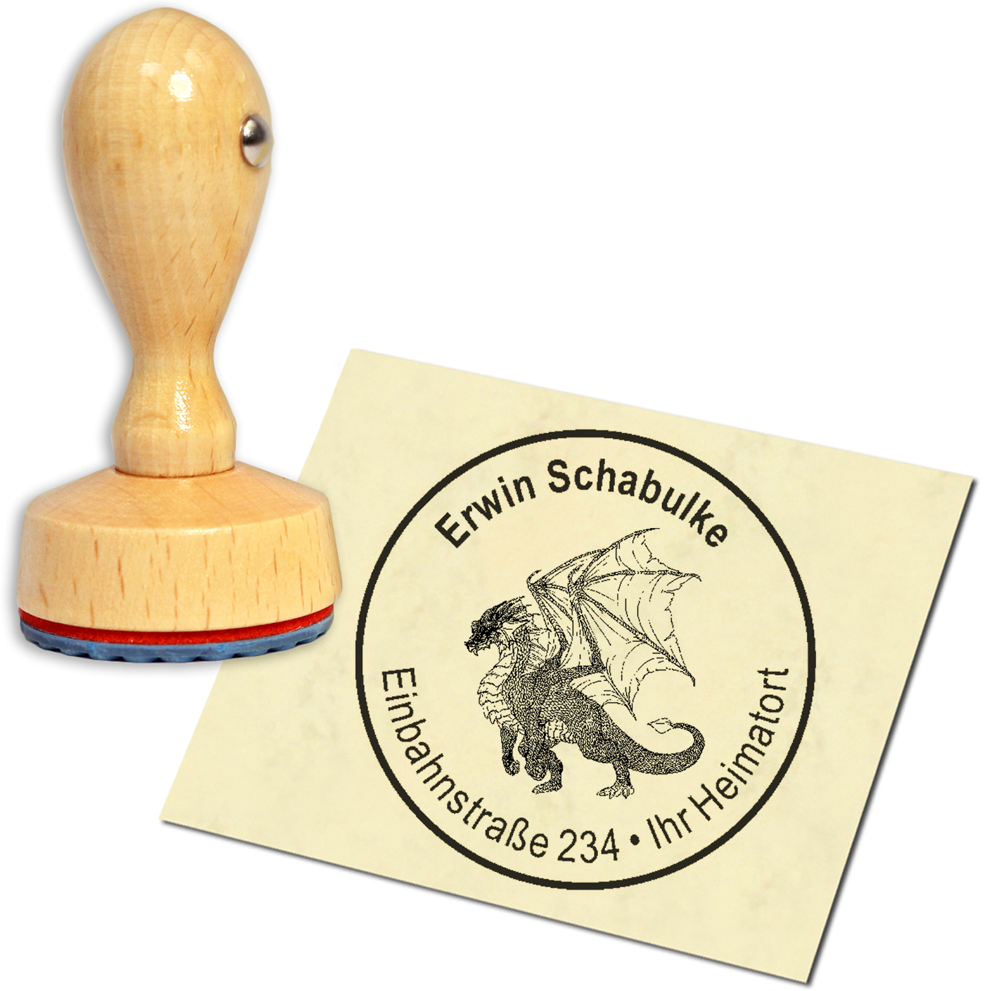 Stempel Adressstempel Holzstempel - Drache - rund 40mm