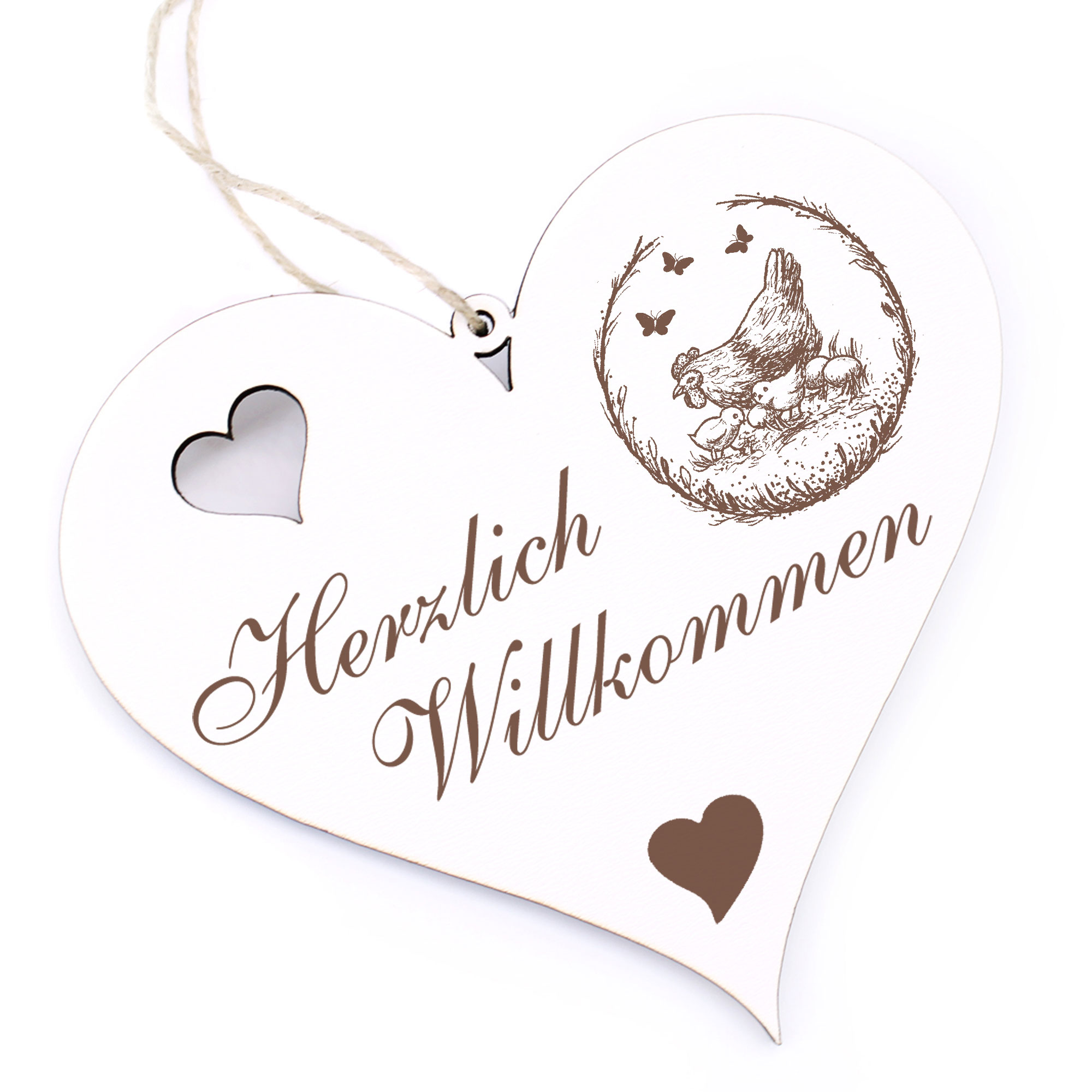 Herzlich Willkommen Schild - Glucke mit Küken - Deko Herz Holz