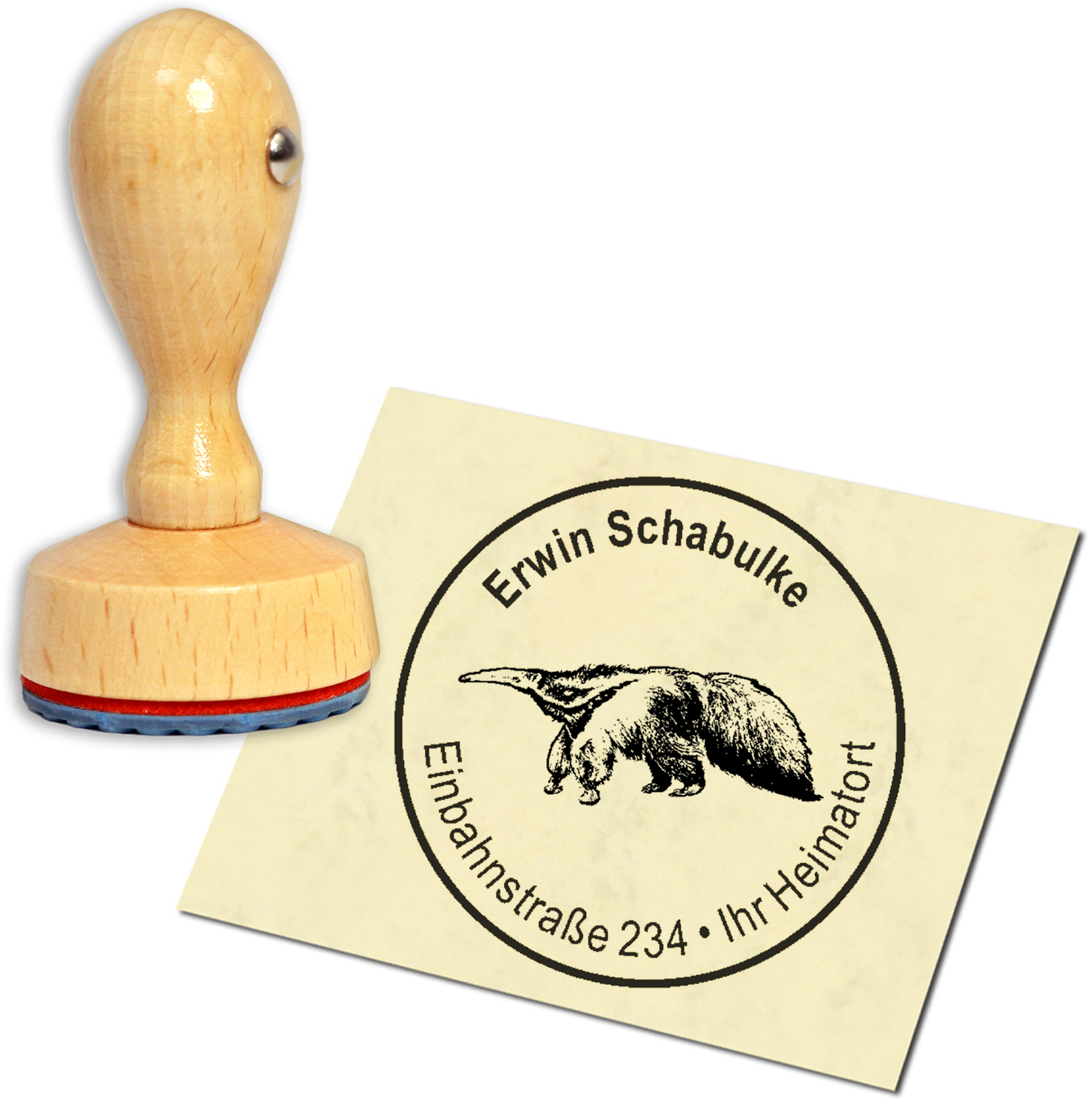 Stempel Adressstempel Holzstempel - Ameisenbär Nasenbär - rund 40mm