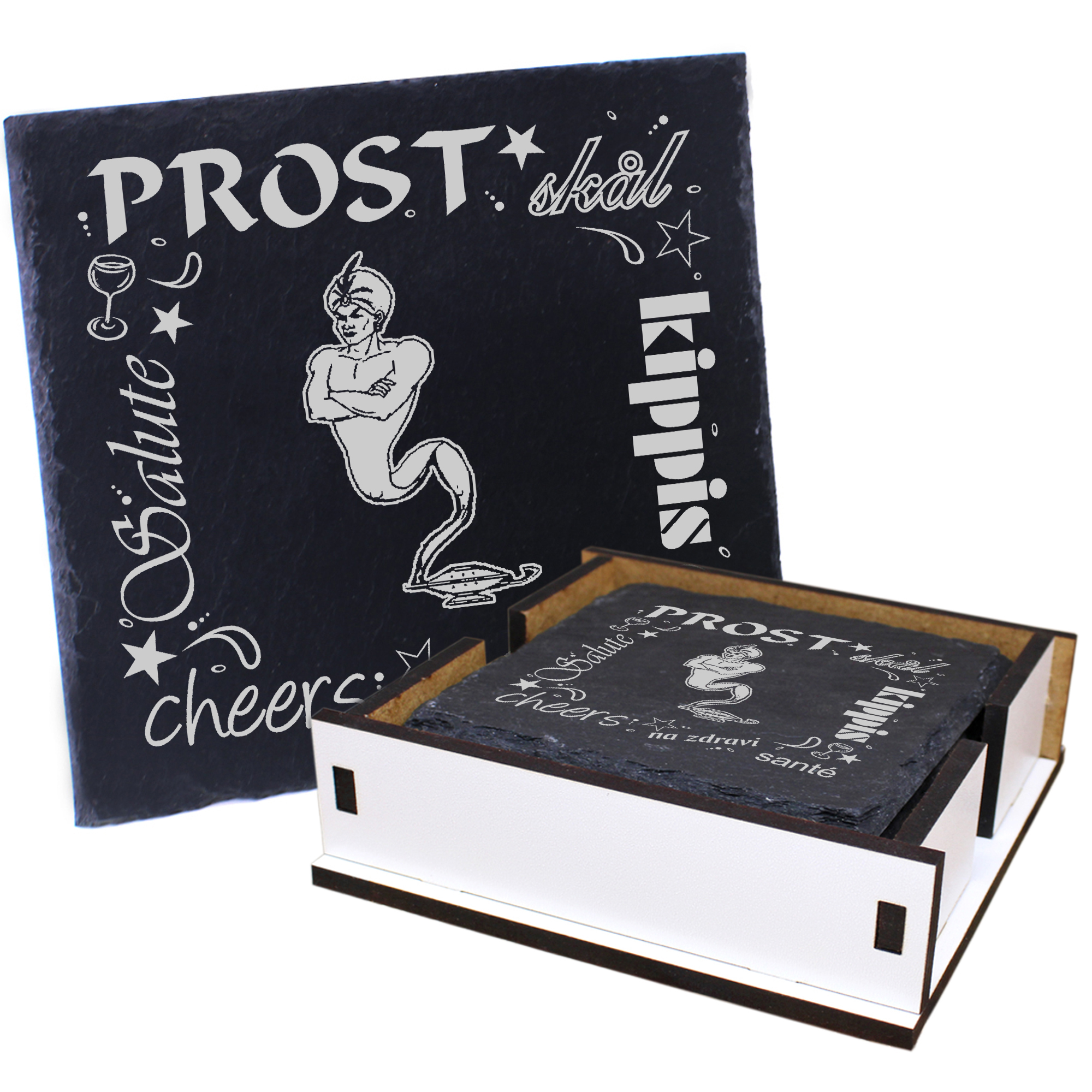 5 x Schiefer Untersetzer - Prost Dschinn - inkl. Holzbox & Flaschenuntersetzer
