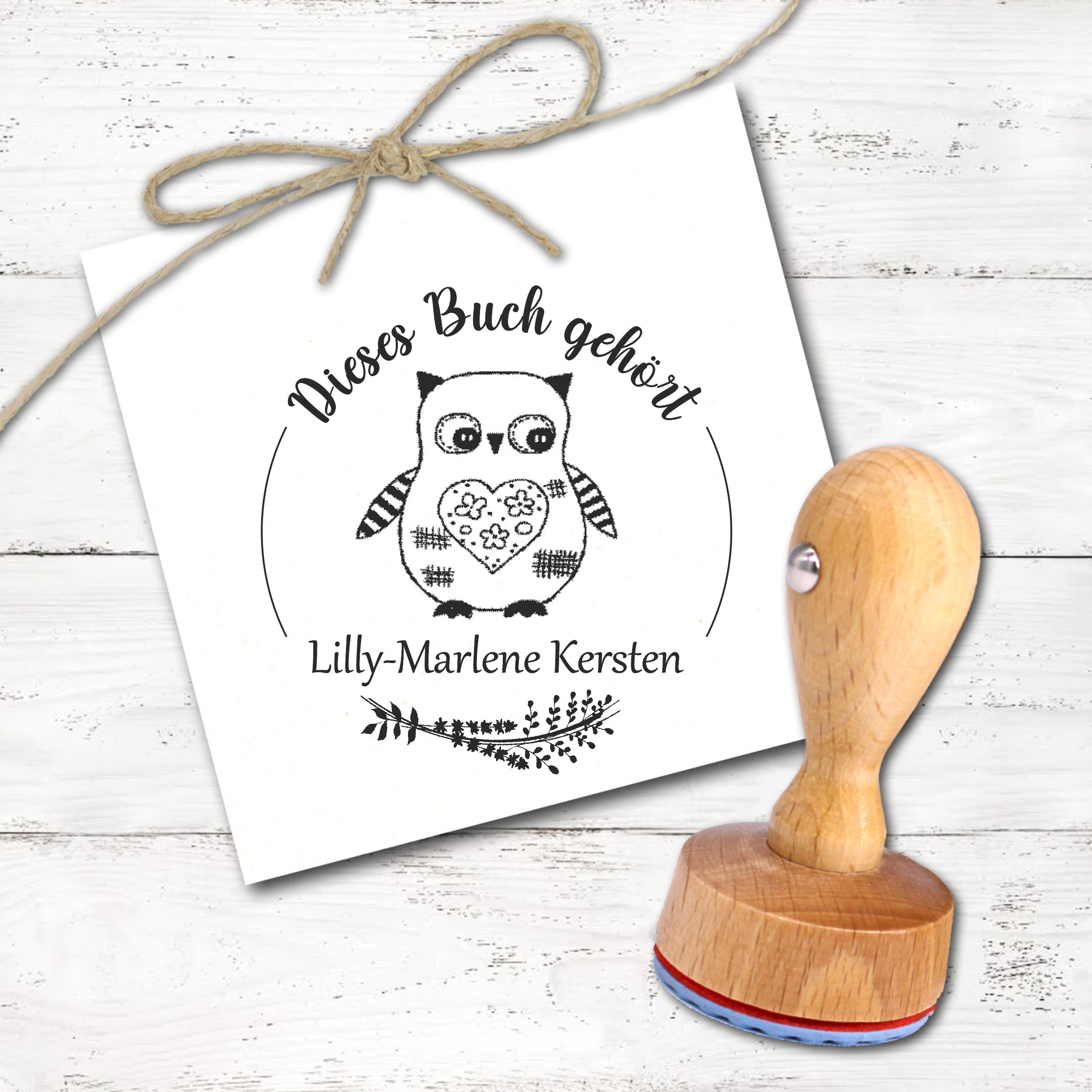 Ex Libris Stempel personalisiert mit Namen Motiv Eule - Bücherstempel individuell - für Kinder, Schule & Lehrer - Ø 38 mm