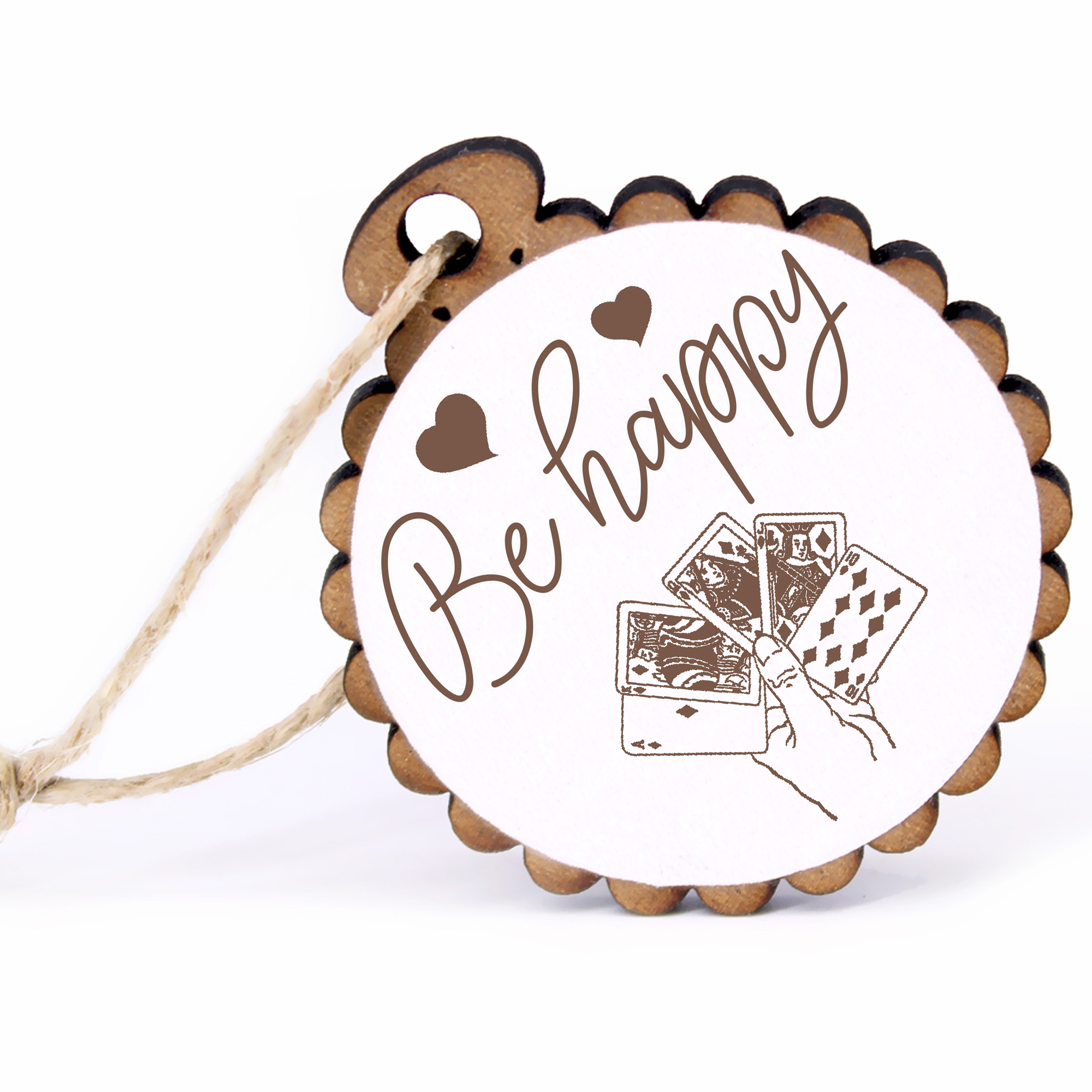 Geschenkanhänger - Be Happy Poker -  Holz Ø-5cm - mit Juteband
