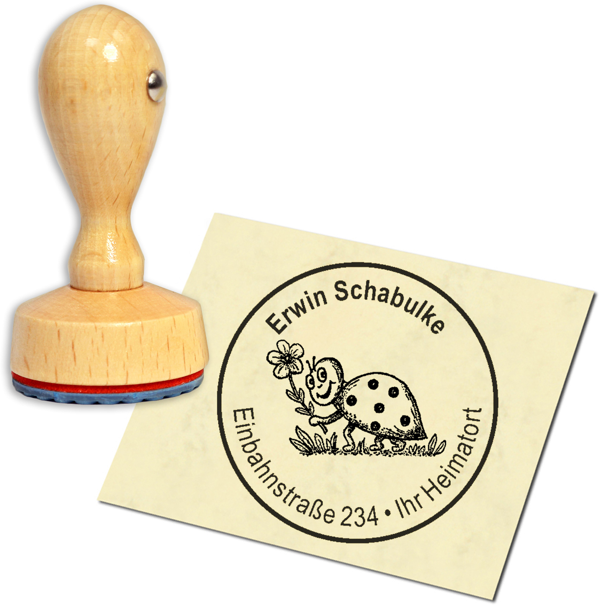 Stempel Adressstempel Holzstempel - niedlicher Marienkäfer - rund 40mm