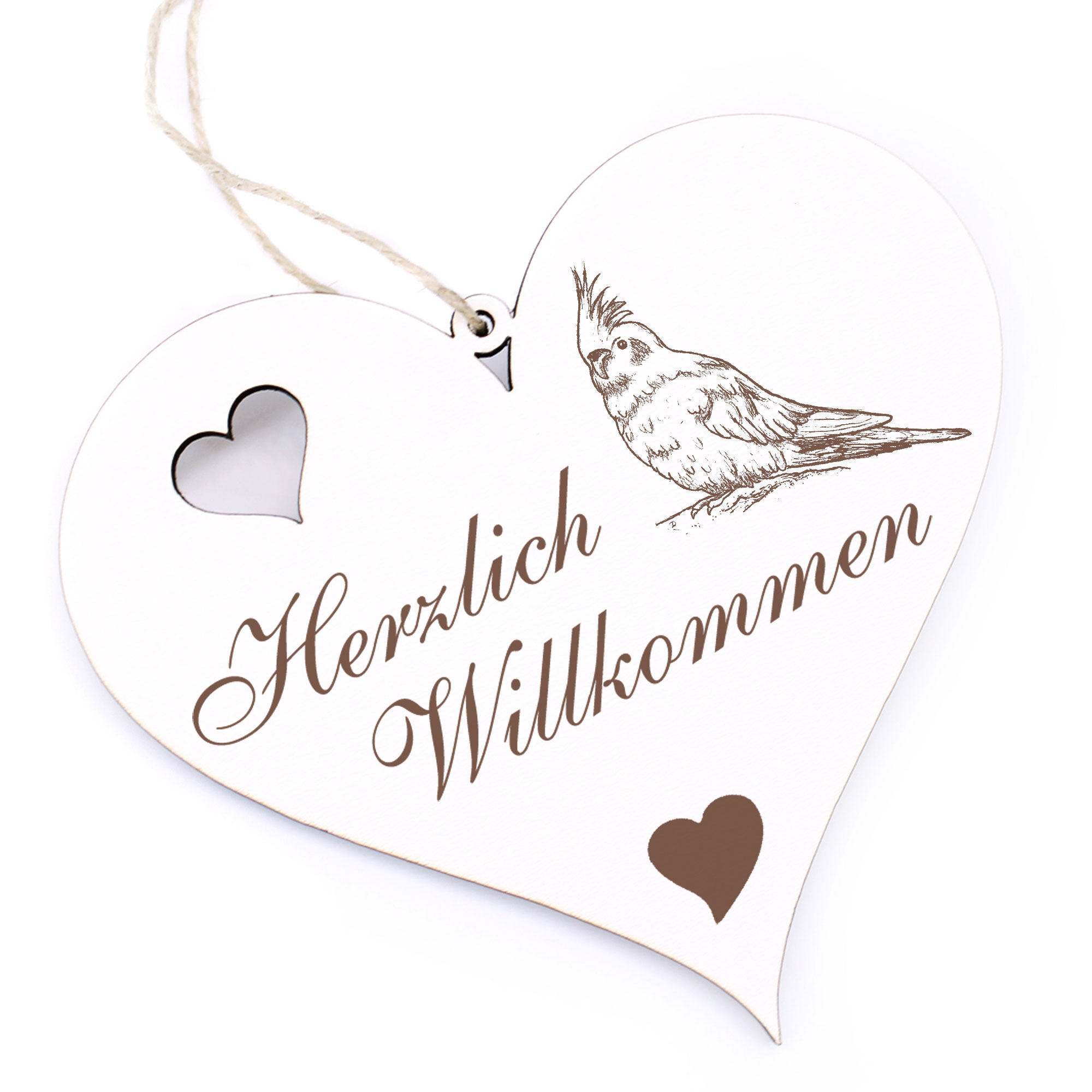 Herzlich Willkommen Schild - Nymphensittich - Deko Herz Holz