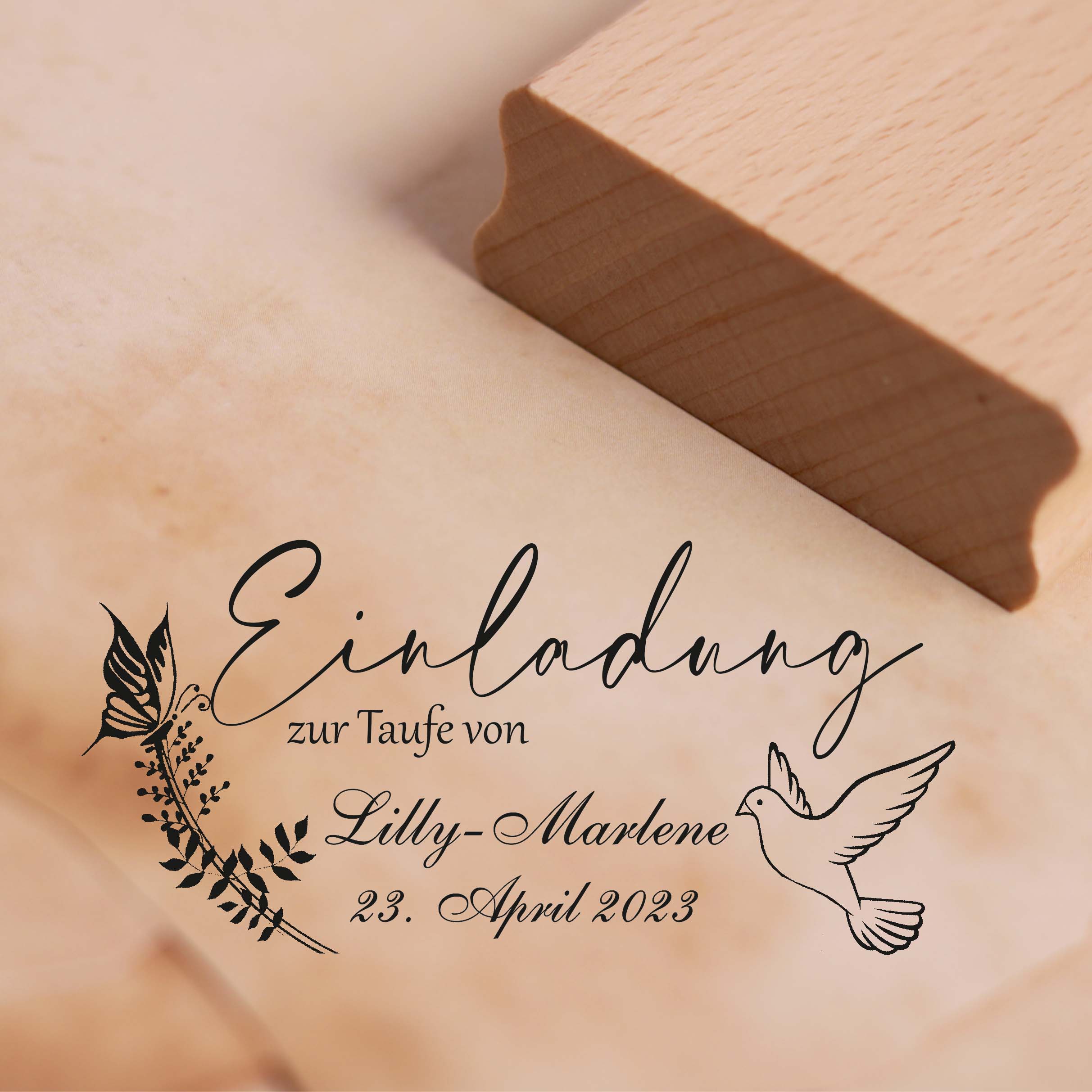 Stempel Einladung zur Taufe von - mit Name und Datum - Taube Schmetterling 58x28mm