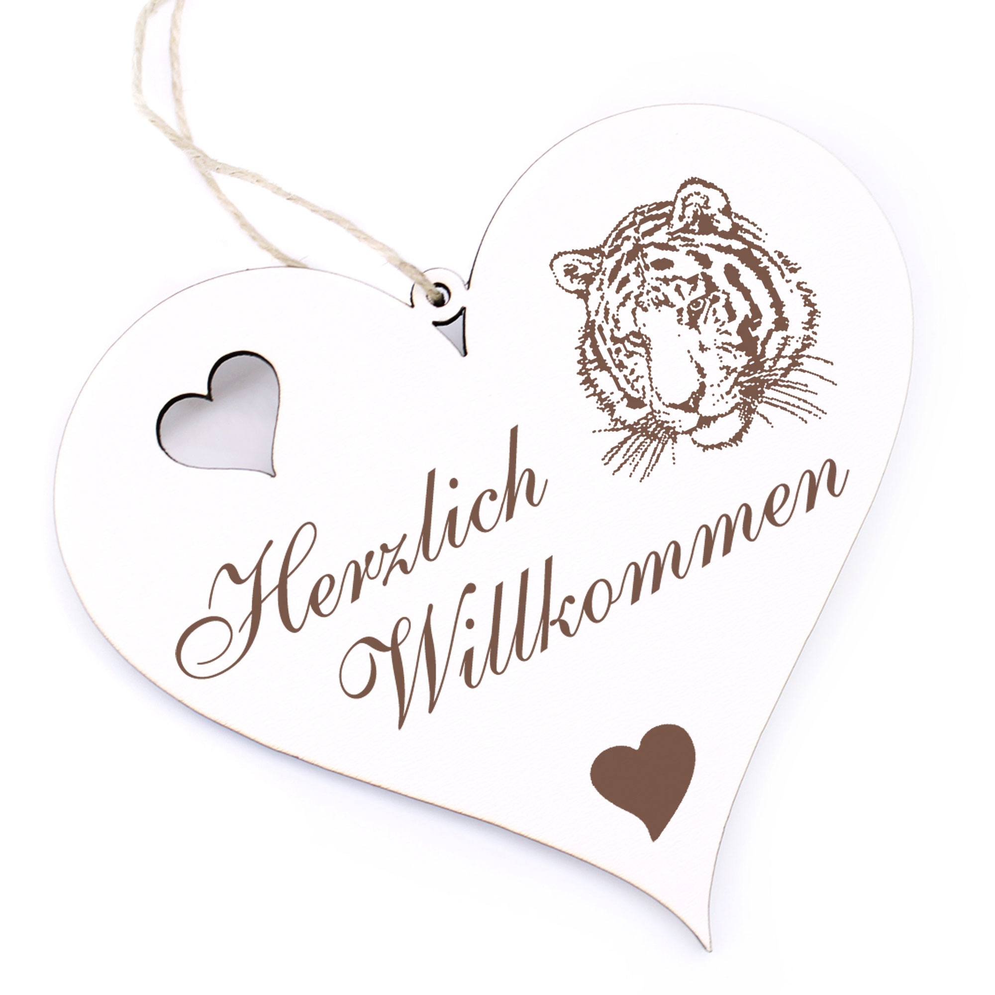 Herzlich Willkommen Schild - Tiger Kopf - Deko Herz Holz