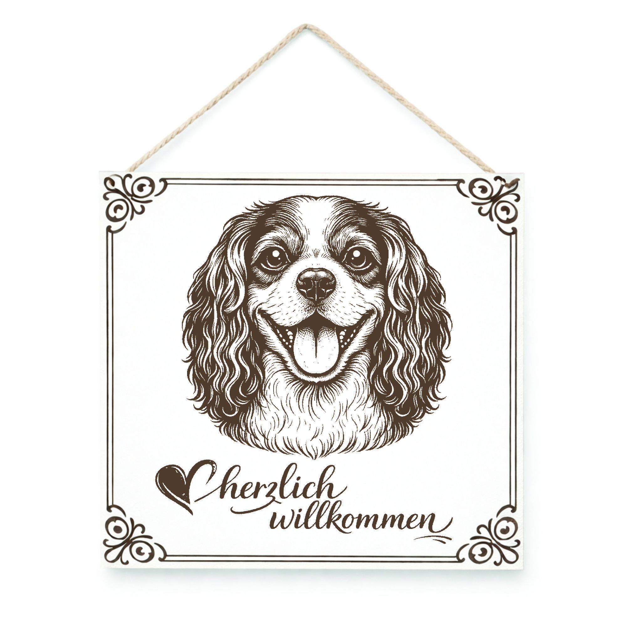 Hund Willkommensschild Cavalier King Charles Spaniel – Türschild Herzlich Willkommen  – Dekoschild Haustür 15×15 cm