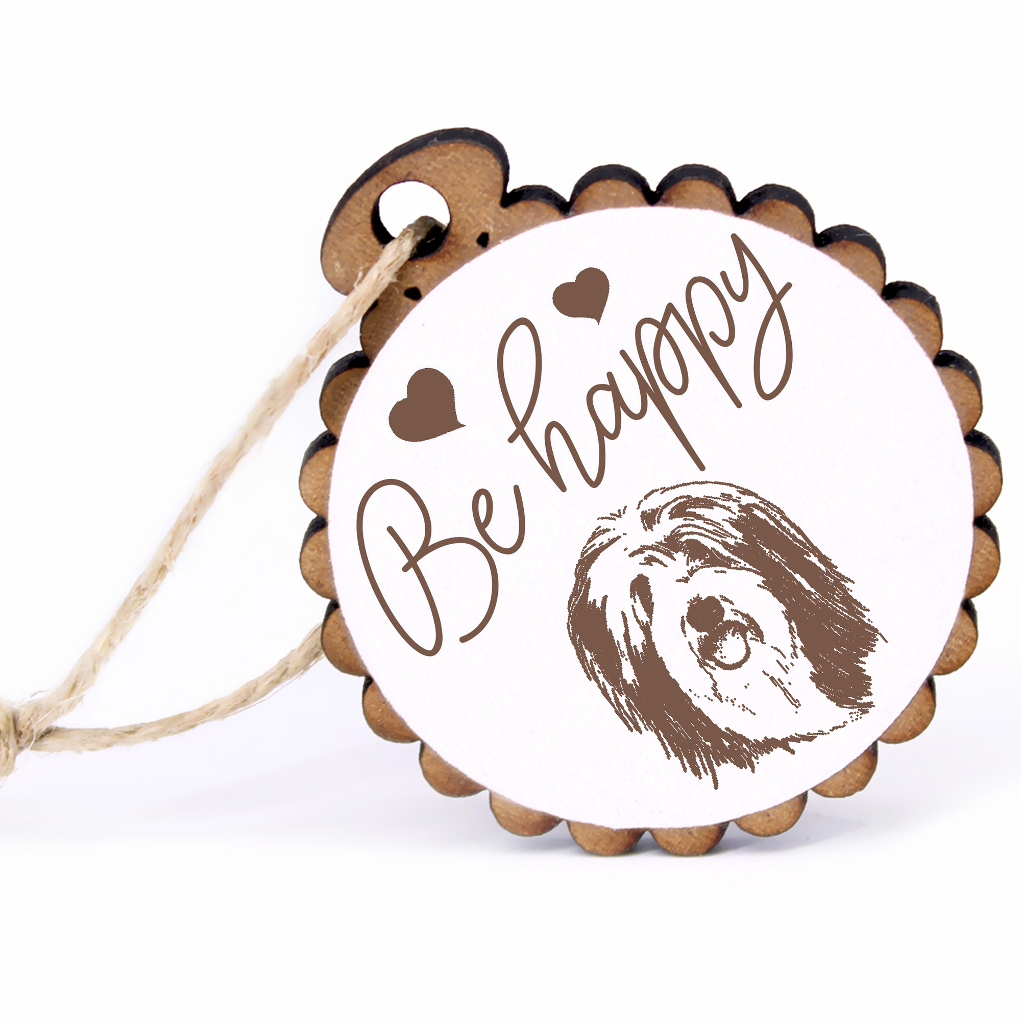 Geschenkanhänger - Be Happy Bearded Collie -  Holz Ø-5cm - mit Juteband