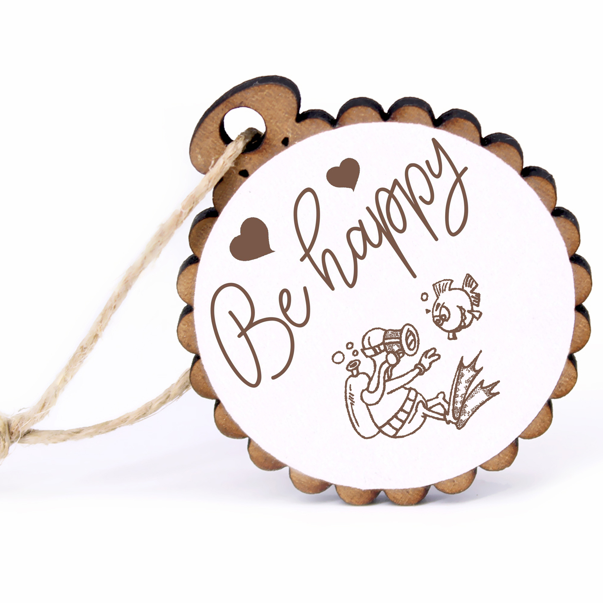 Geschenkanhänger - Be Happy Taucher mit Fisch -  Holz Ø-5cm - mit Juteband