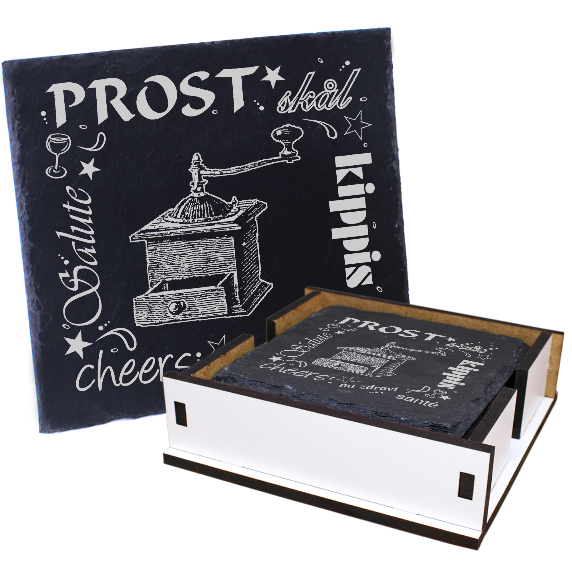 5 x Schiefer Untersetzer - Prost Kurbel Kaffeemühle - inkl. Holzbox & Flaschenuntersetzer