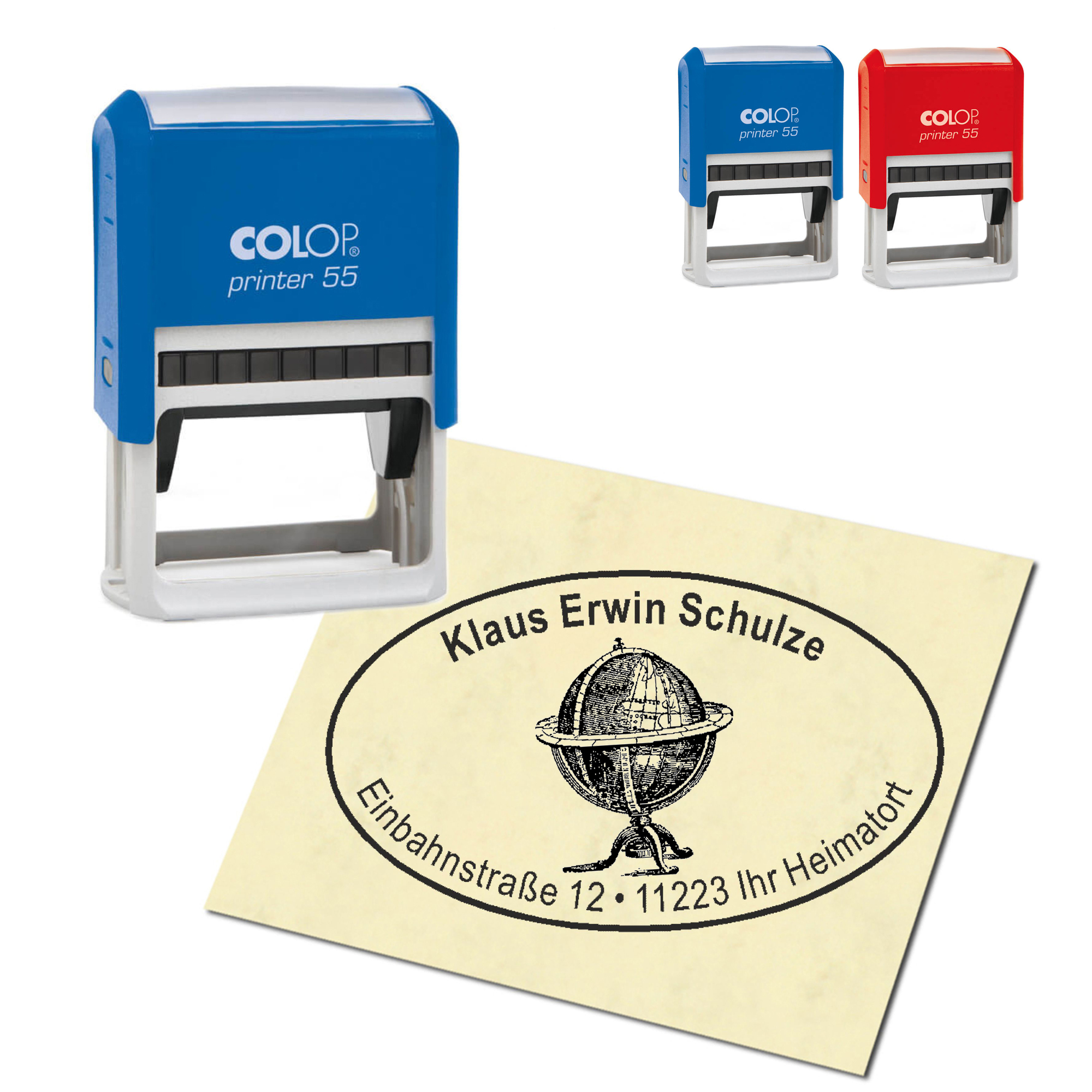 Adressstempel personalisiert Stempel - antiker Globus - oval 59 x 39 mm