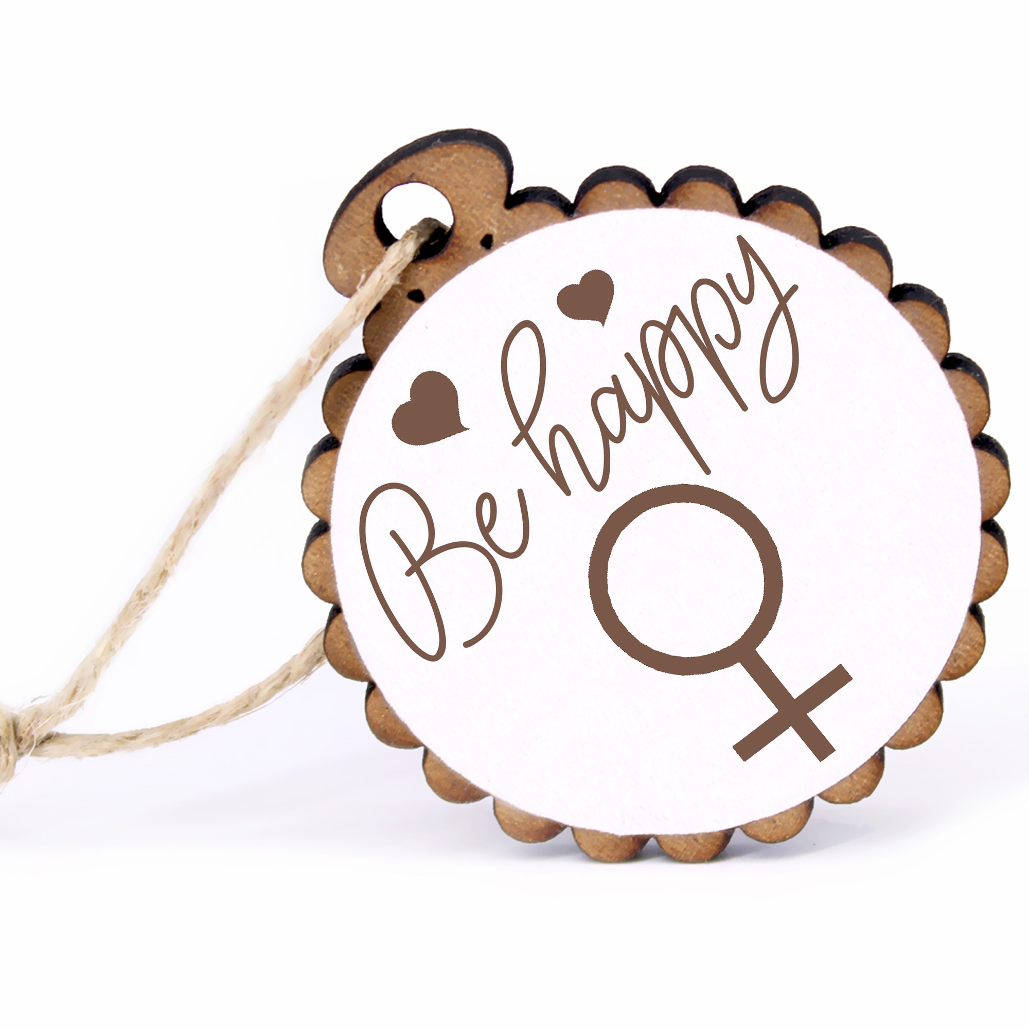 Geschenkanhänger - Be Happy Frau Symbol -  Holz Ø-5cm - mit Juteband