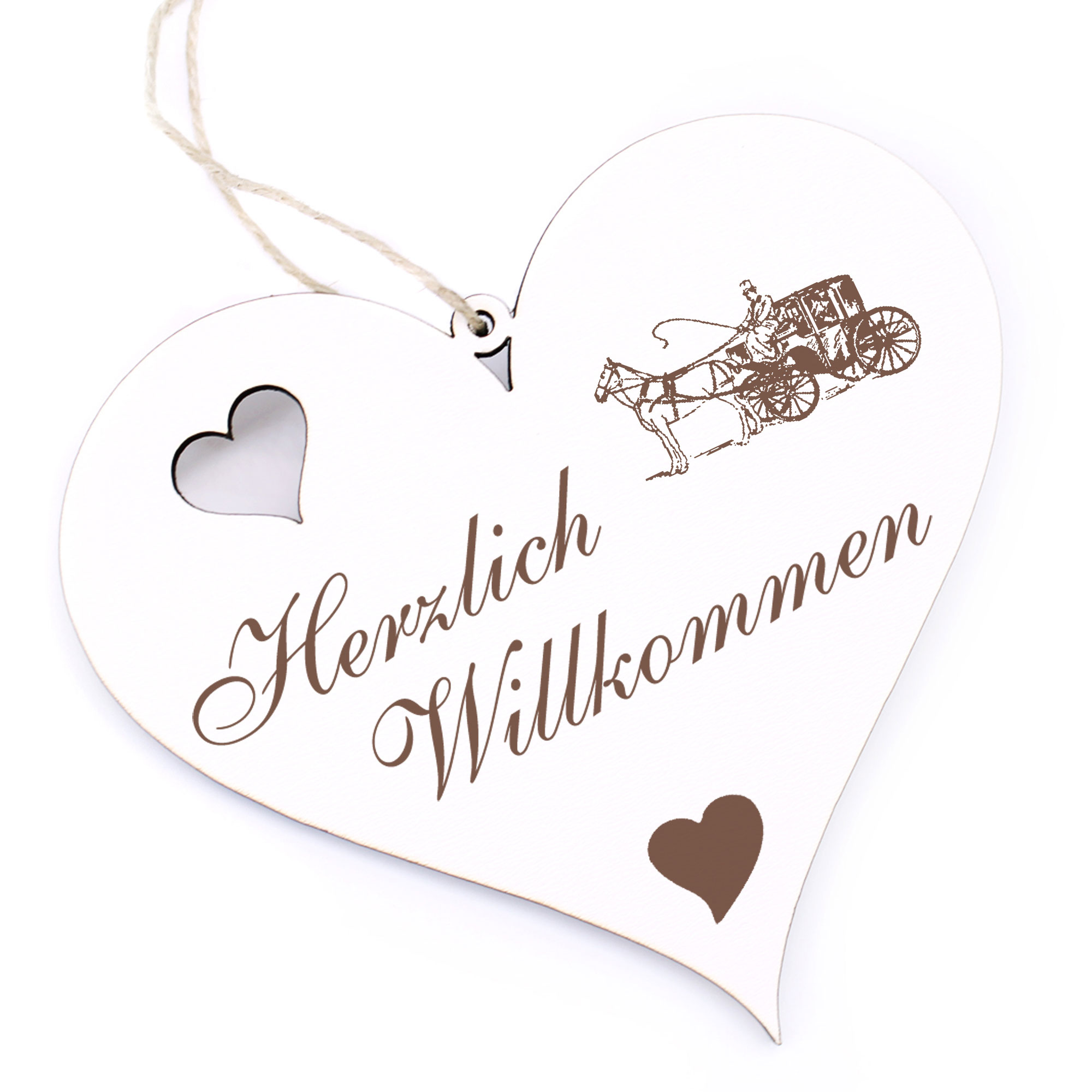 Herzlich Willkommen Schild - Kutsche - Deko Herz Holz