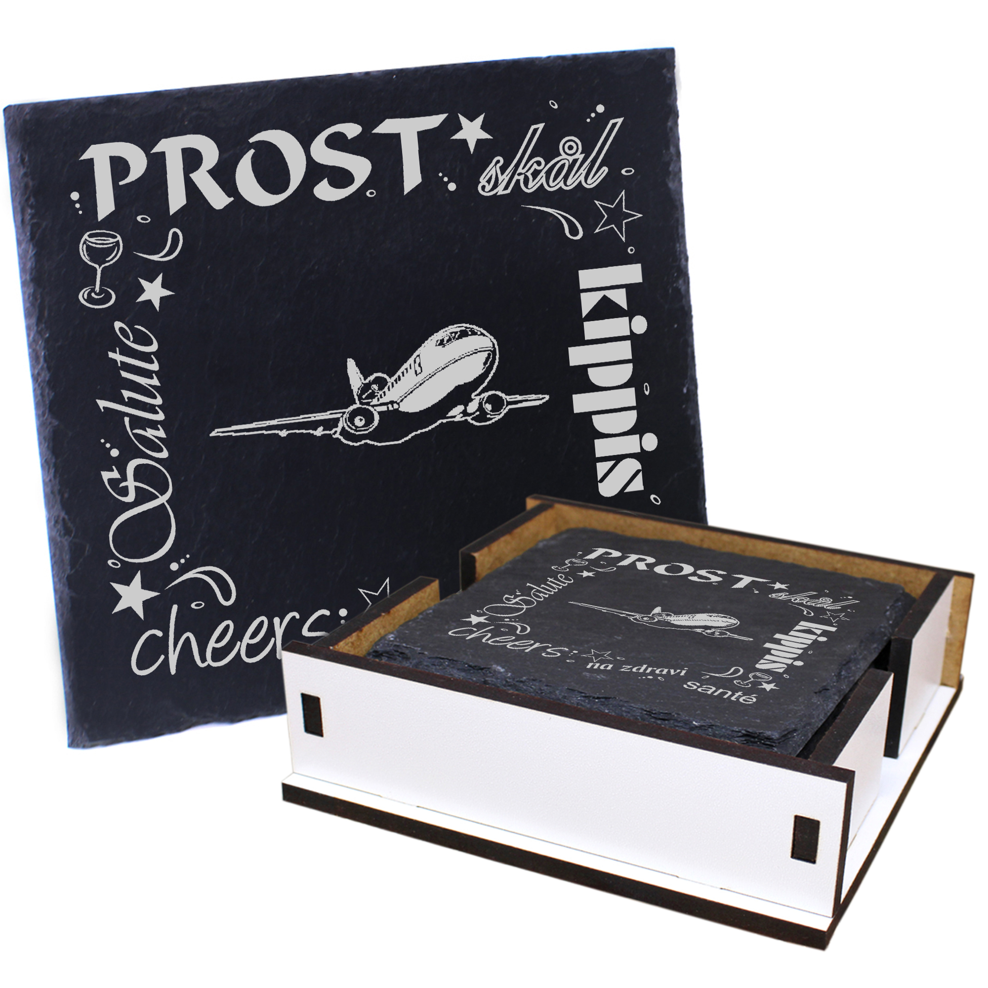5 x Schiefer Untersetzer - Prost Flugzeug - inkl. Holzbox & Flaschenuntersetzer