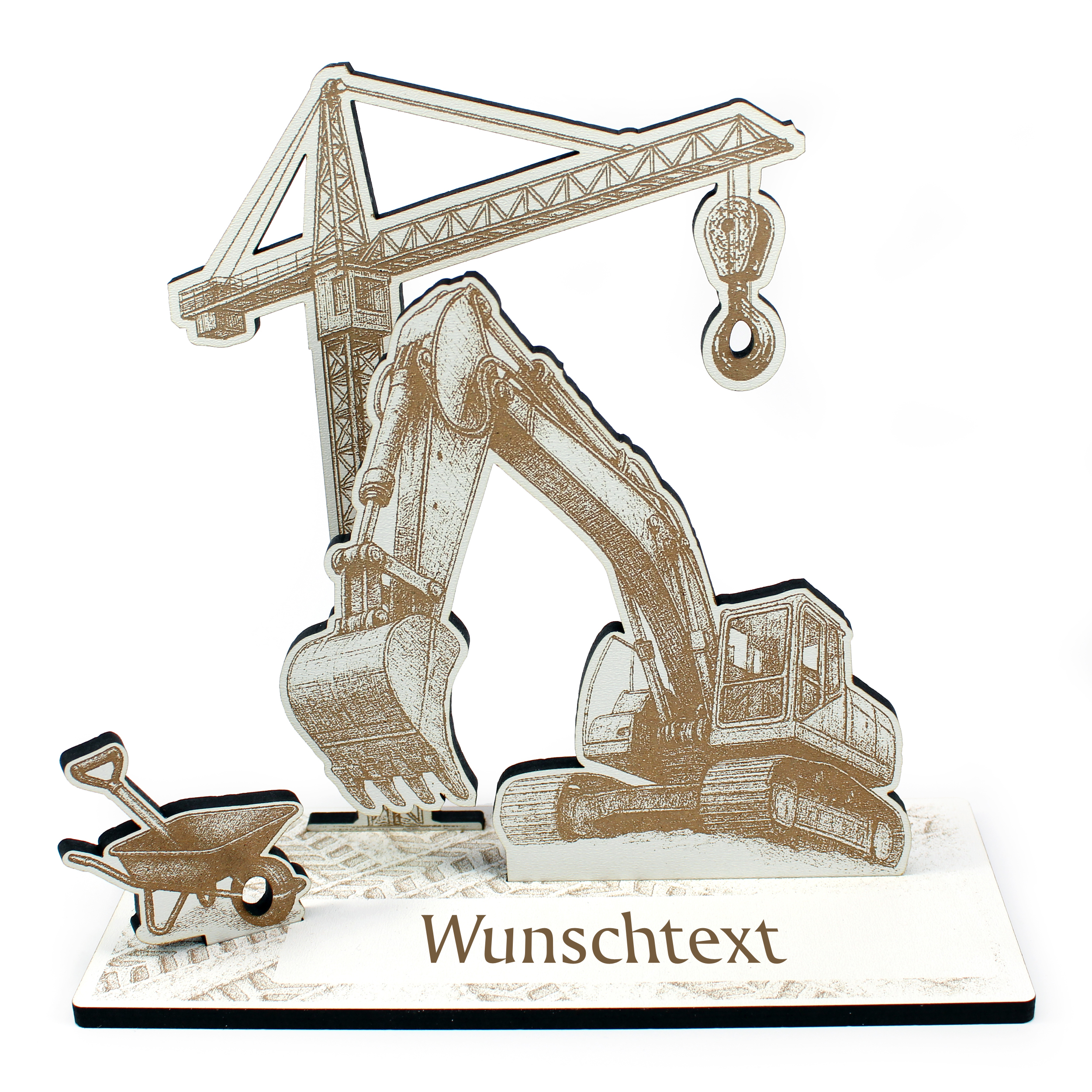 Geldgeschenk Aufsteller „Baggerfahrer“ – Dekoaufsteller mit Bagger, Kran & Schubkarre – weiß mit brauner Gravur, 18×19×8 cm
